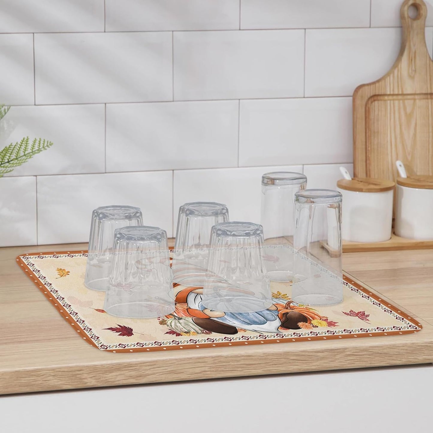 Fall Dish Drying Mat for Kitchen Counter Pumpkin Gnome Drying Pad Absorbent Drying Mats for Countertops Sinks Draining Racks Autumn Maple Leaves Drainer Holiday Harvest Thanksgiving Decorations 16x18