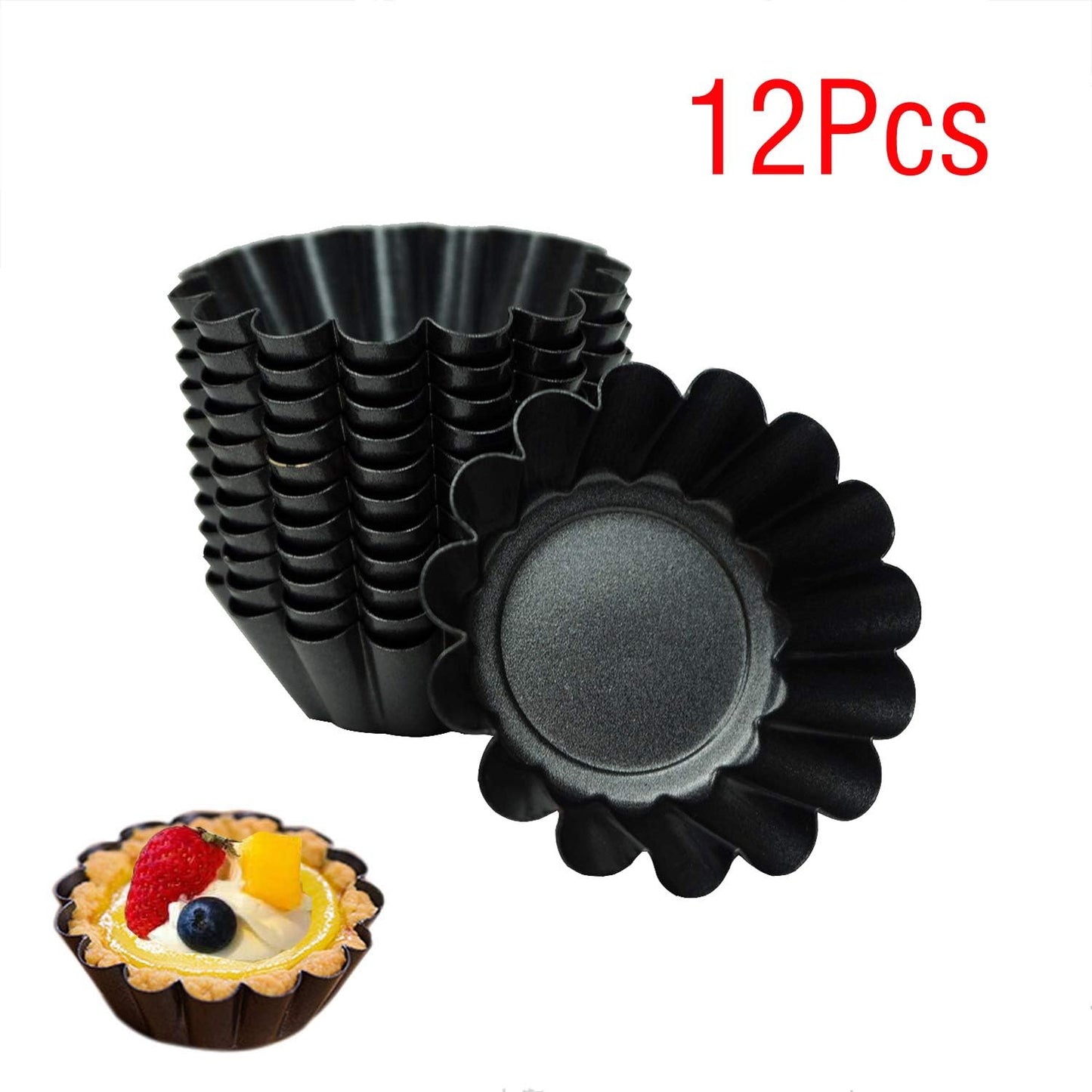 12 Pack Mini Tart Pan, Non-stick Carbon Steel Tart Molds, Pie Mould, Muffin Cupcake Pudding Maker - for Pies, Chinese Tart, Cakes (Size 2.6"x0.9")