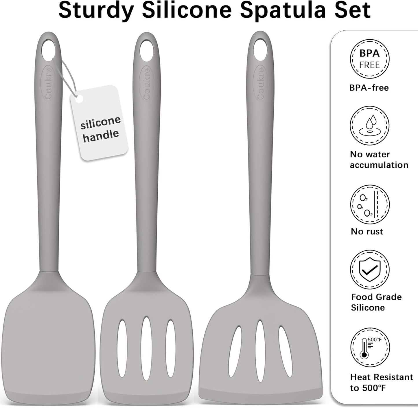 Coukre Silicone Spatula Set of 3, High Heat Resistant, BPA-Free, Kitchen Utensils, Fish Spatula, Solid & Slotted Turner for Non-Stick Pans, Flipping Eggs, Pancakes, Fish, Burgers (3, PureGray)