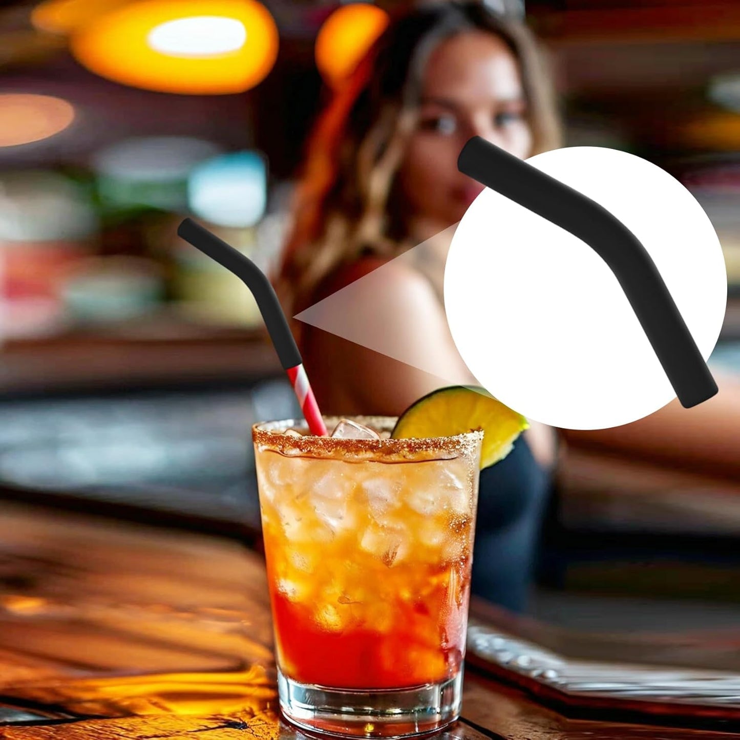 6pcs Food-Grade Silicone Metal Straw Tips, Reusable Flex Elbow Straws Cover Replacement Tips, Soft Straw Toppers Kits for 8 mm Stainless Steel Metal Straws - Black