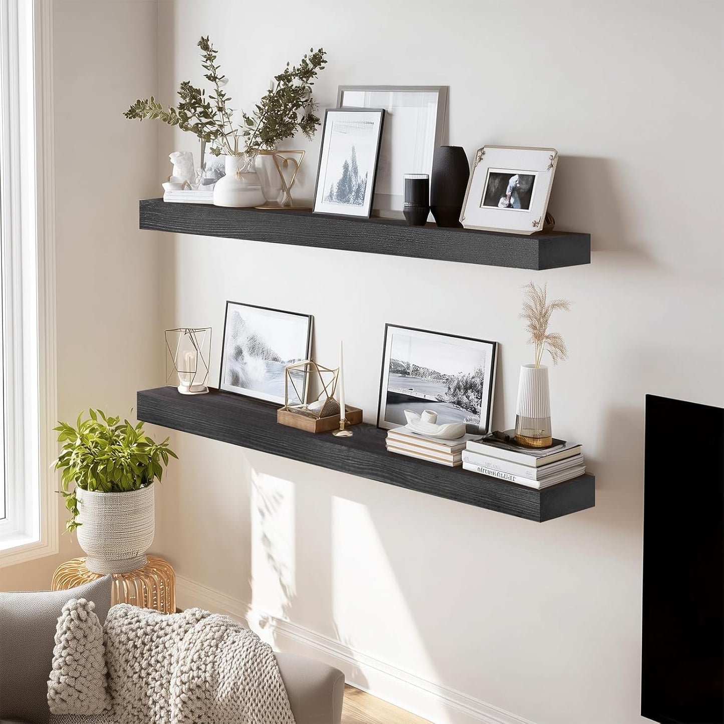 36x8x1.6 inch Floating Shelves Set of 2 – Solid Wood Rustic Black Wall Mounted Shelf for Kitchen, Bathroom, Living Room