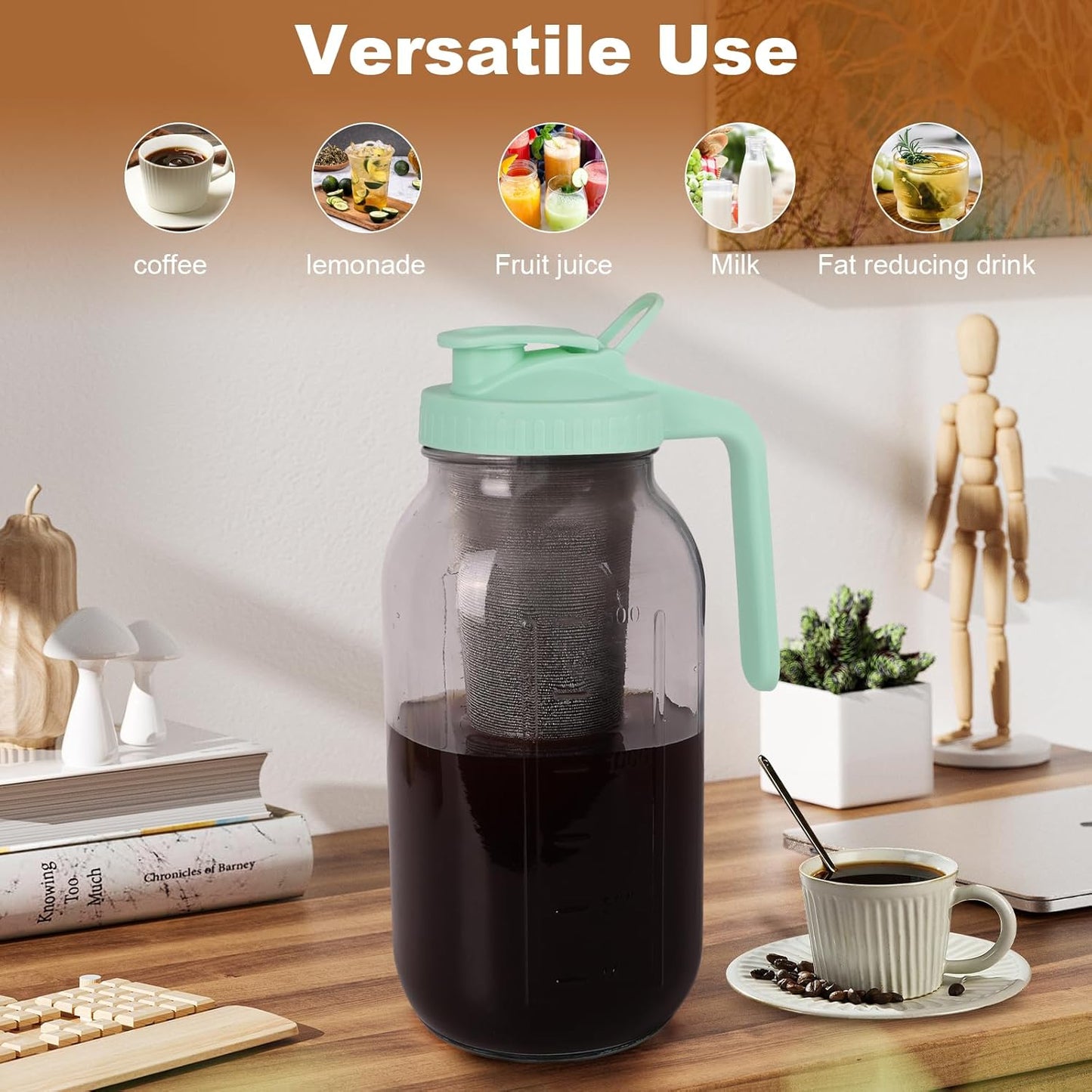 Cold Brew Coffee Maker,64 oz Wide Mouth Mason Jar Pitcher with Stainless Steel Filter, Pour Spout Handle Lid, Heavy Duty Glass Airtight & Leak-Proof Pitcher for iced coffee & Tea Lemonade-Green