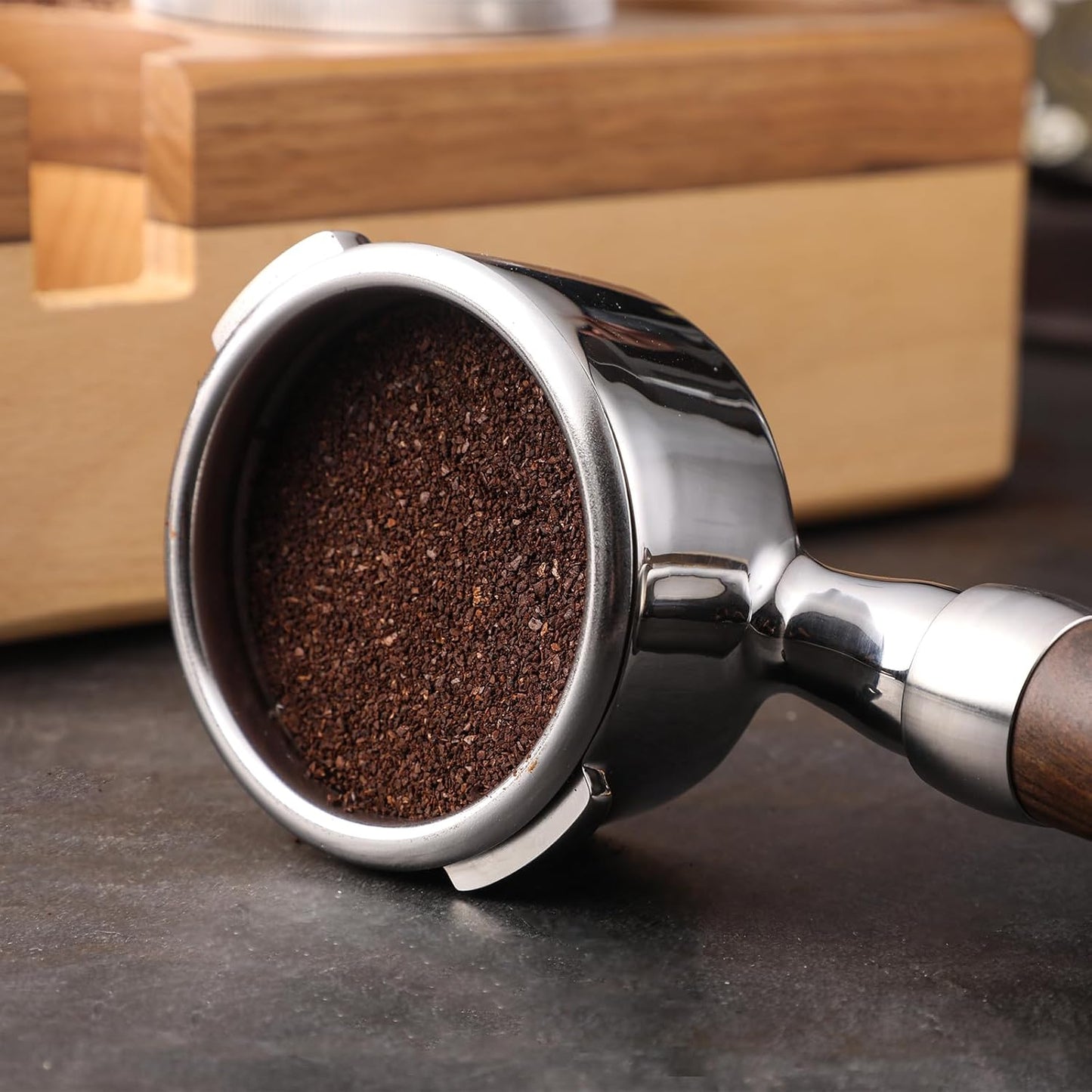 58mm Bottomless Portafilter with Double Shot Filter Basket & Wood Handle for Gaggia Classic, Espresso Pure, Color, Dose, Evolution, Baby Twin and More Semi-Automatic Espresso Machine