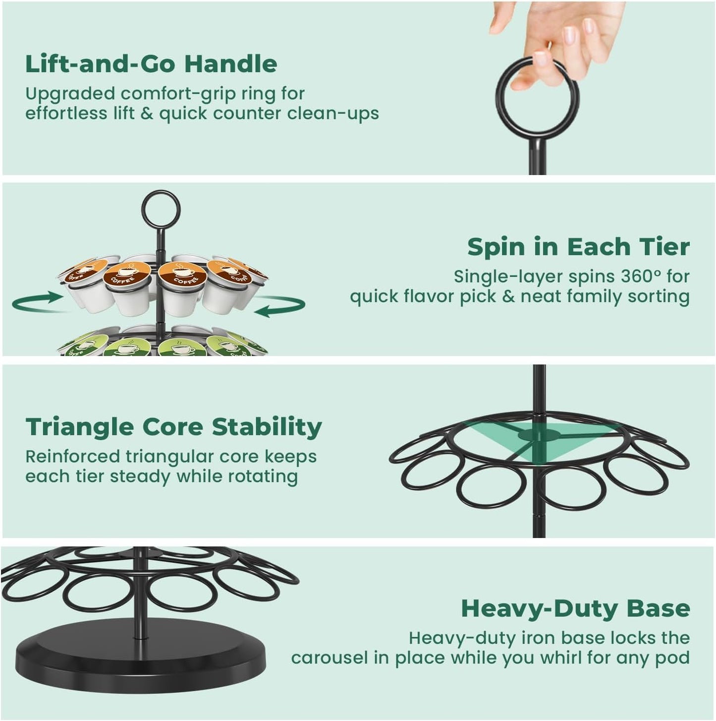 EsLuker.ly K Cup Holder Coffee Pod Organizer Carousel for Counter, Metal Storage Rack Stand for Kitchen, Rotatable 4 Tier Pod Tower Tree for 40 K Cups, Space Saving Meets Elegance, Black