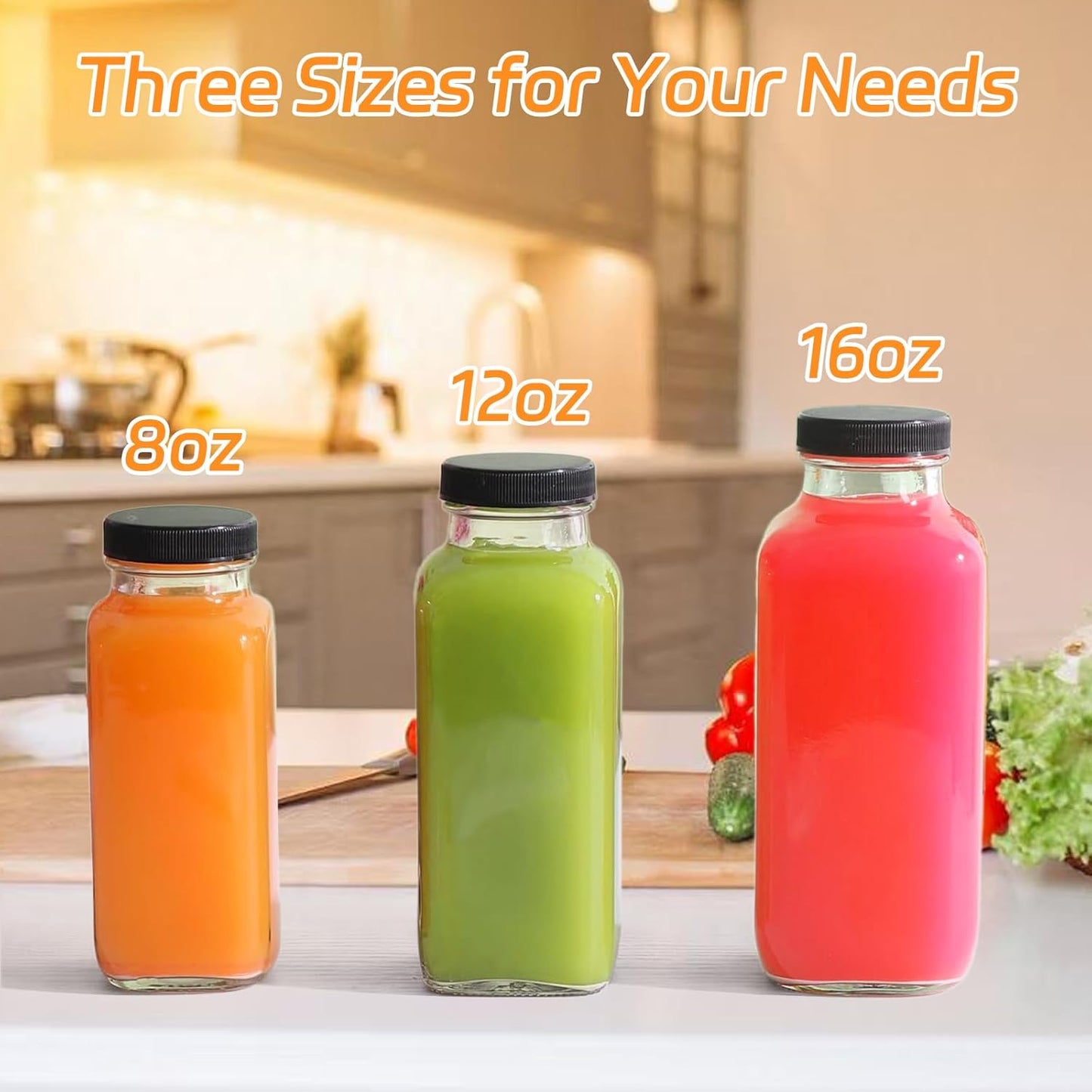 6 Pack 8oz Glass Juice Bottles with Lids, 250ml Reusable Glass Juicing Bottles, Square Drinking Jars Drink Containers with Caps for Water, Milk, Ginger, Kombucha, Beverages