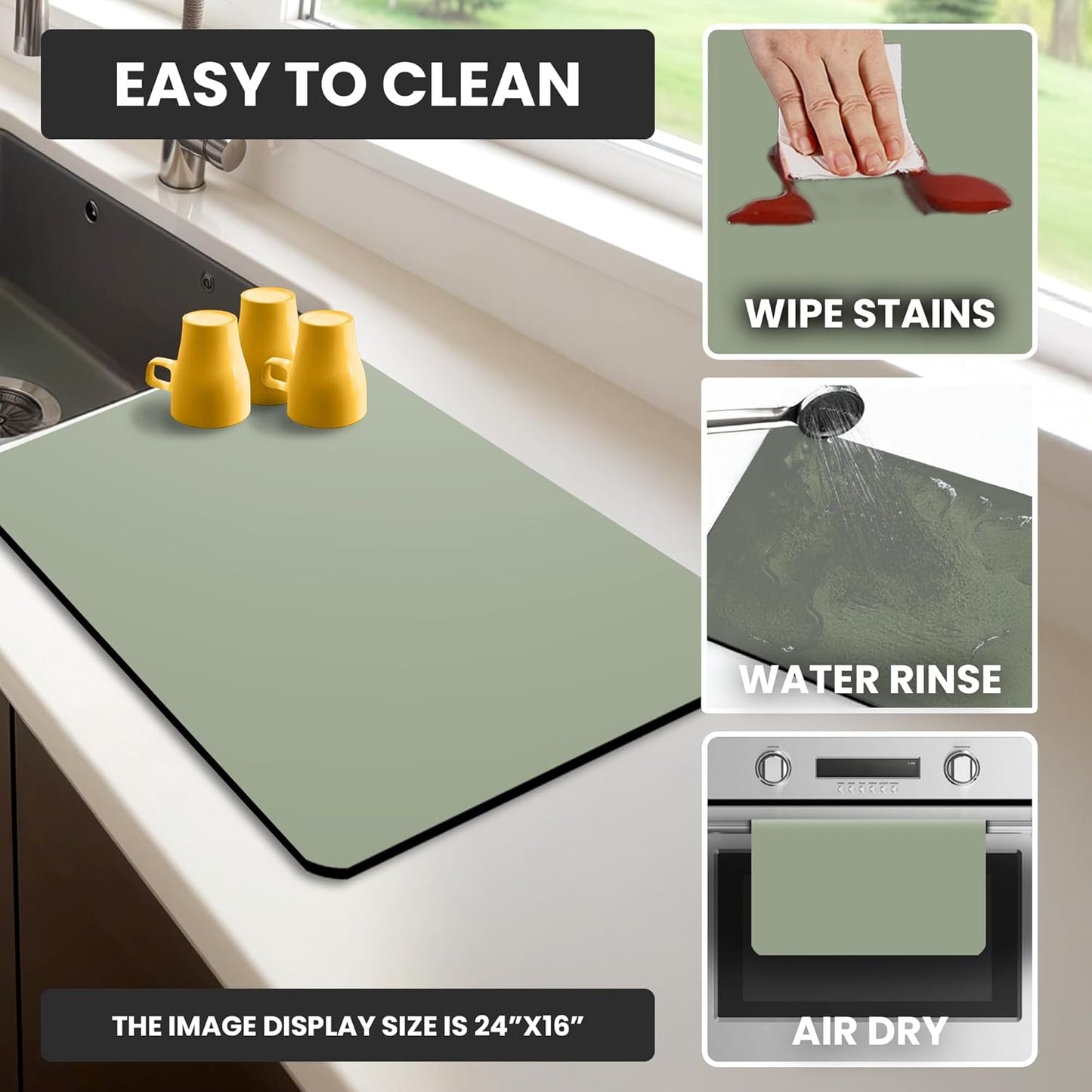 Dish Drying Mat Super Absorbent – 16" x 18" Coffee Mat for Countertops – Non-Slip Drying Mat for Kitchen Counter – Easy to Clean Water Absorbent Mat – Quick Dry Dish Mats (Sage)