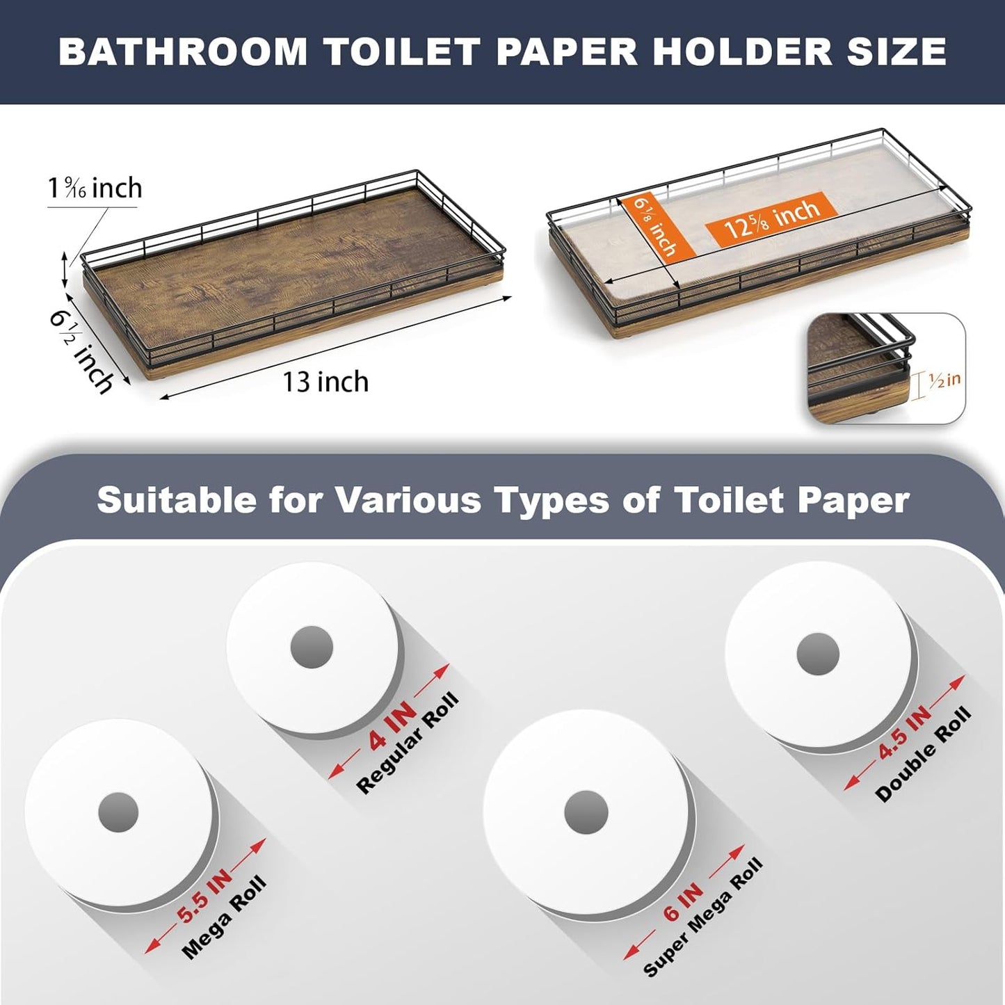 Bathroom Toilet Tank Tray, 13" Wood Storage Basket Back of Toilet Basket Organizer, Vanity Tray for Perfume Makeup Candle Kitchen Counter Coffee Table Bar Decor Rustic