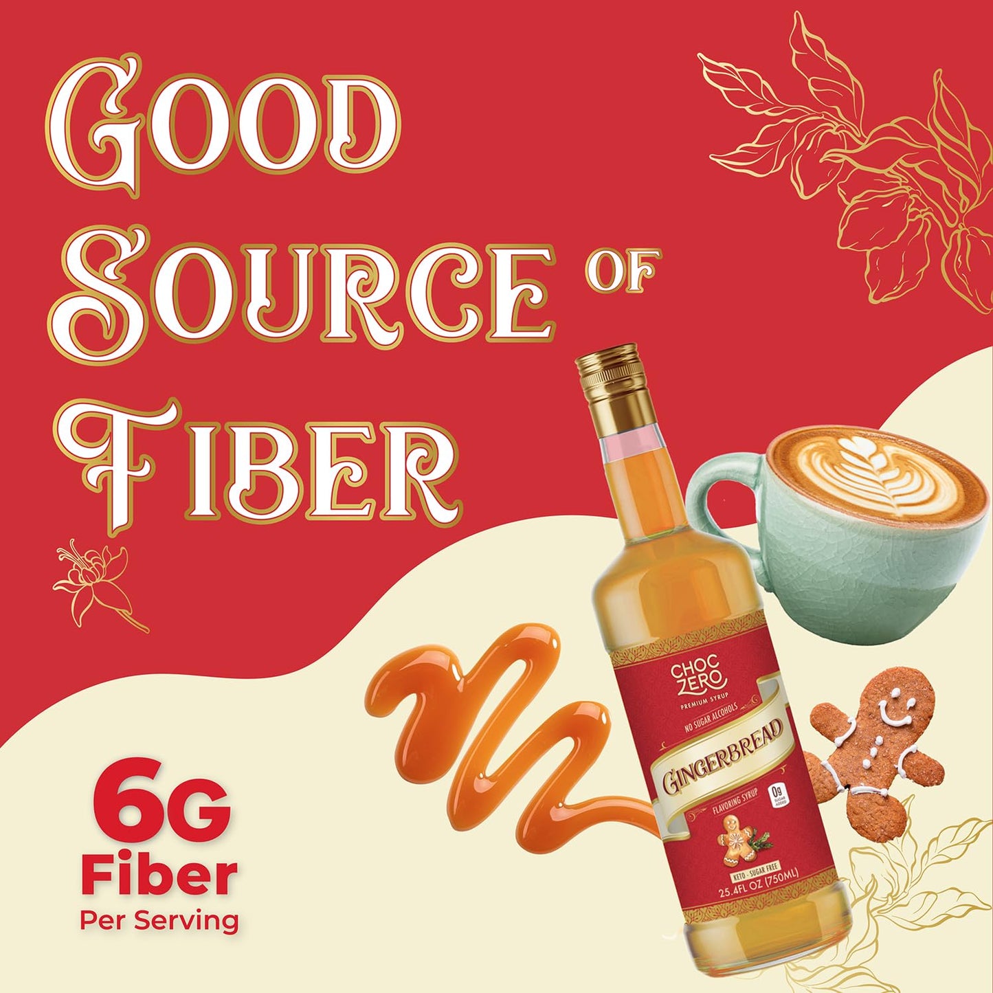 ChocZero Sugar Free Coffee Syrup, Gingerbread Flavor, Simple Syrup Drink Mix, Gingerbread Latte, Protein Shakes & Baking, Gluten Free, All Natural, 25.4 Ounces Bottle (Pack of 1)