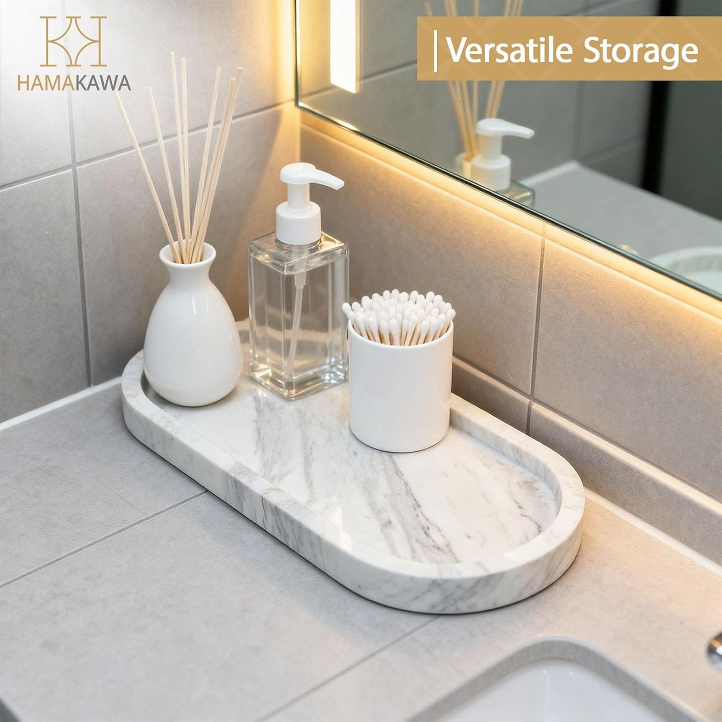 Bathroom Vanity Tray, Large Natural Marble Oval Sink Tray 10 Inch, Jazz White Limestone Dresser Tray for Soap Dispenser Modern Countertop Organizer for Kitchen Countertops, Home Decor