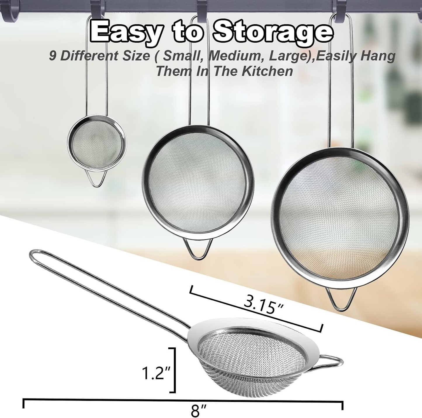 Anaeat Fine Mesh Strainers - Premium Stainless Steel Colander Sieve Sifters, with Durable Mesh and Sturdy Handle, Excellent for Sifting Dry ingredients, Flour, Pastas, Rice, Tea (3.15")