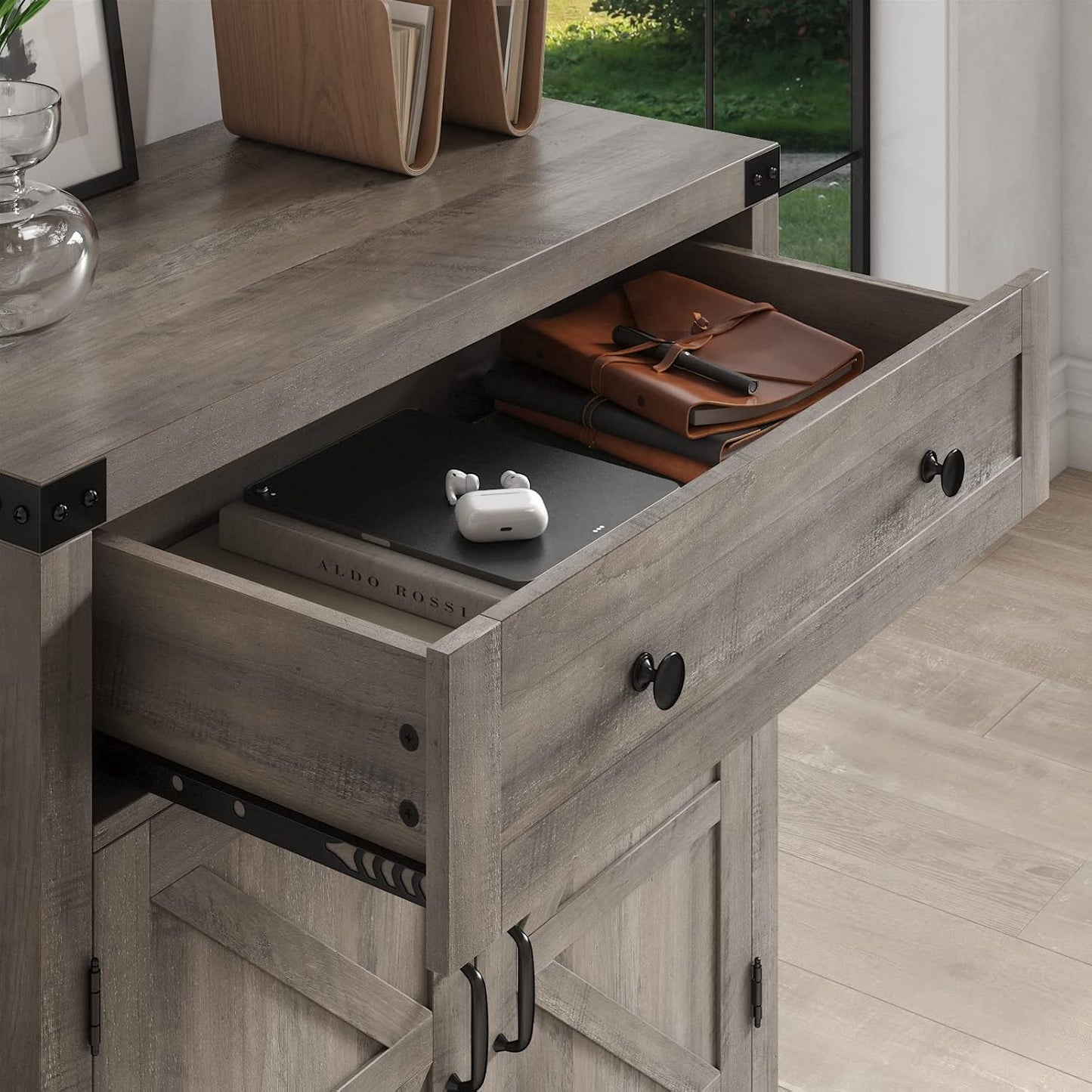 HOSTACK Coffee Bar Cabinet, Kitchen Storage Cabinet, Modern Farmhouse Buffet Sideboard with Drawer and Adjustable Shelf, Barn Door Accent Cabinets for Kitchen, Dining Room, Entryway, Ash Grey