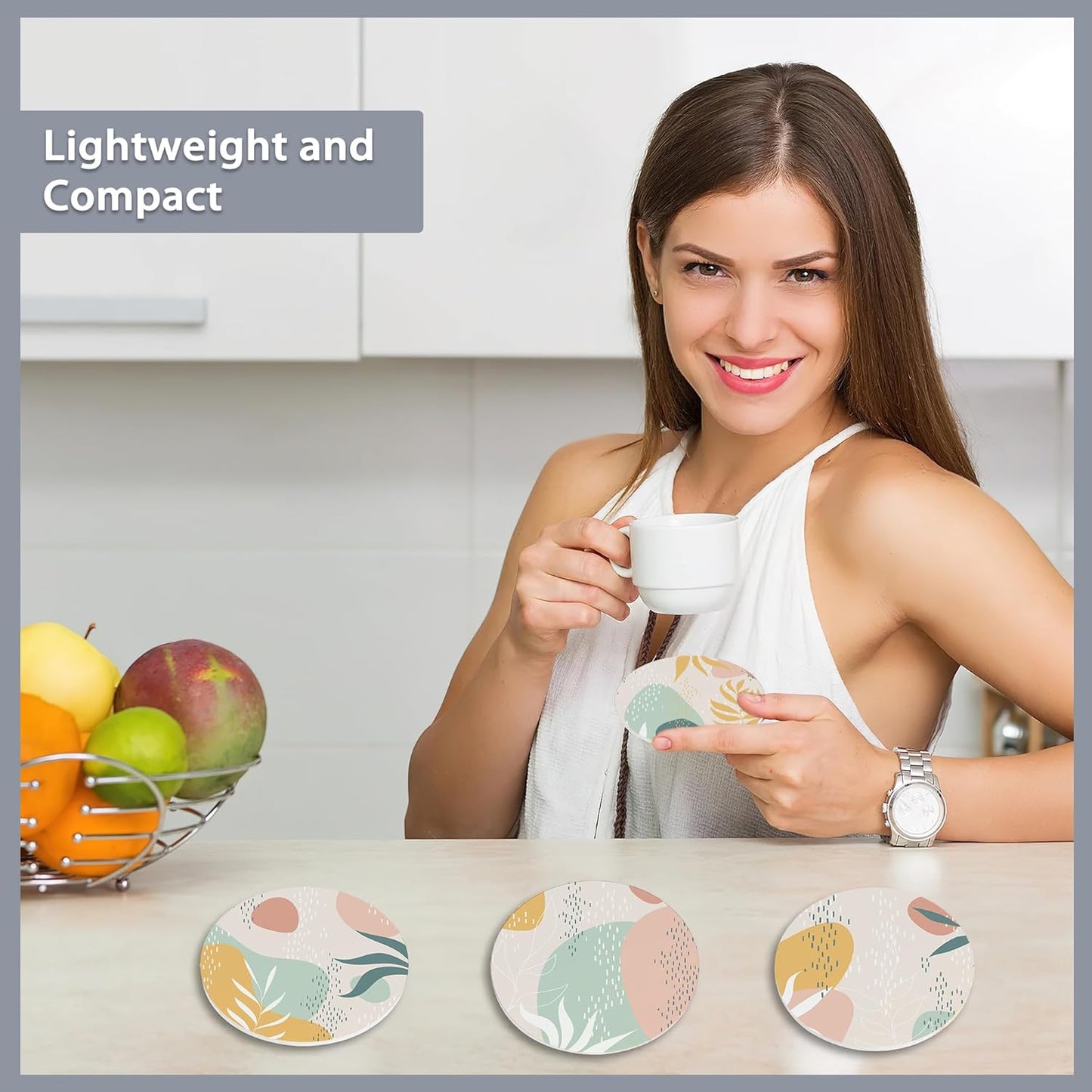 Drink Coasters Set of 6 with Holder,Abstract Dots and Leaves Absorbent Ceramic Coasters with Cork Base,Fit All Cups,Tabletop Protection Mat for Mugs and Cups,Office,Kitchen