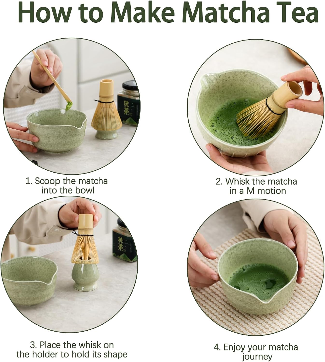 Matcha Set, Japanese Tea Set Includes Matcha Bowl with Spout, Matcha Whisk Holder, Bamboo Matcha Whisk and Bamboo Scoop, 17 oz Mottled Tea Green Glaze Ceramic Matcha Kit for Tea Lovers