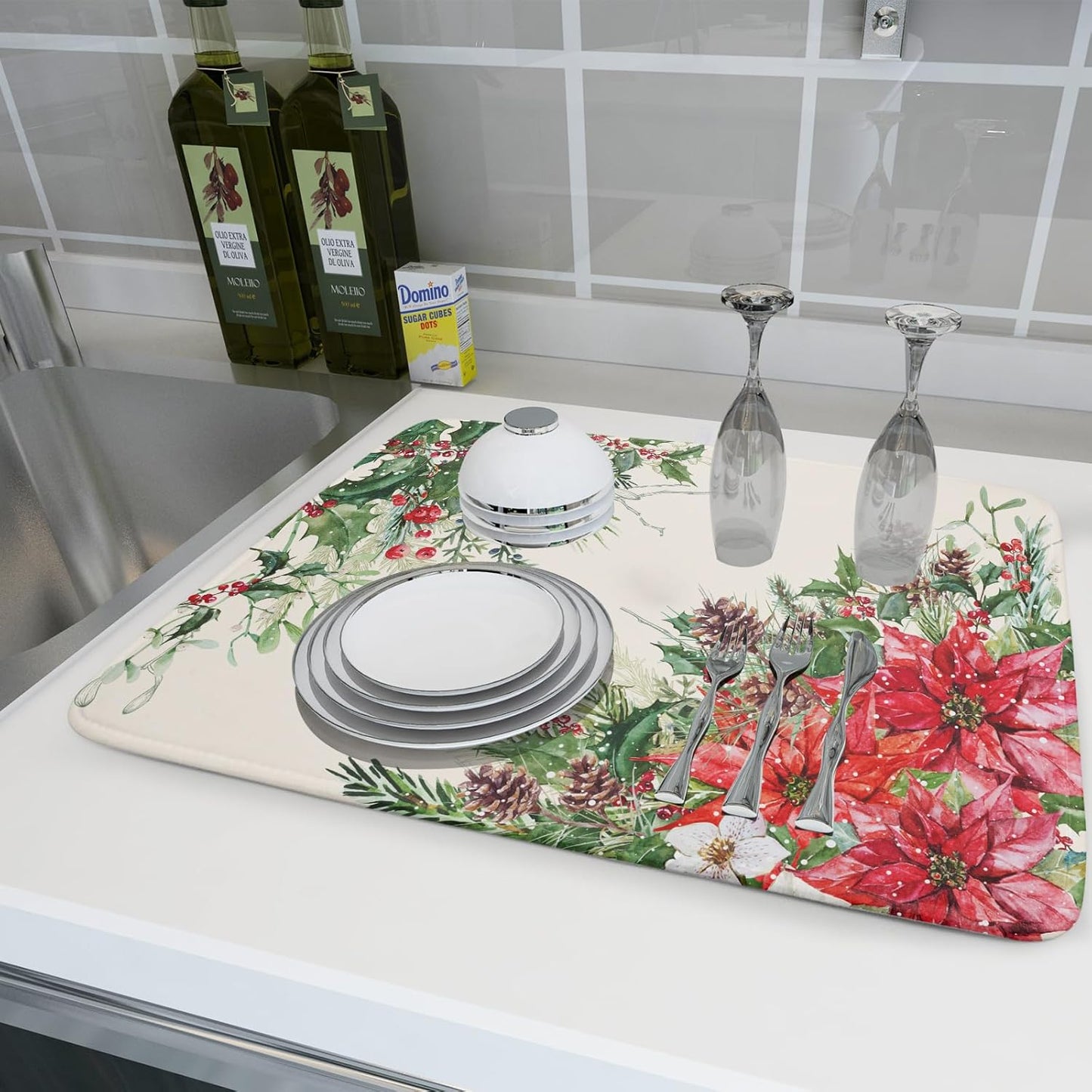 Giwawa Poinsettia Dish Drying Mat for Countertop 18"x24" Christmas Red Floral Winter Holly Berries Dish Drainer Mats Absorbent Microfiber Dish Drying Pad Protector for Kitchen Home Decor Large