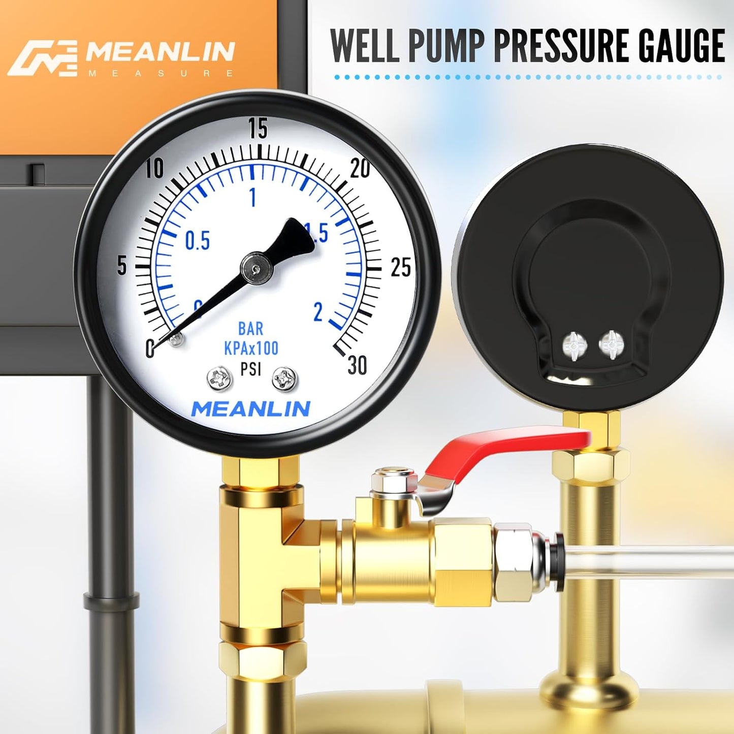 MEANLIN MEASURE 0-30Psi 2" DIAL FACE 1/4" NPT Well Pump Pressure Gauge, with 1/2" NPT and 3/8" NPT Hex Bushing, 3-2-3% Accuracy, Lower Mount