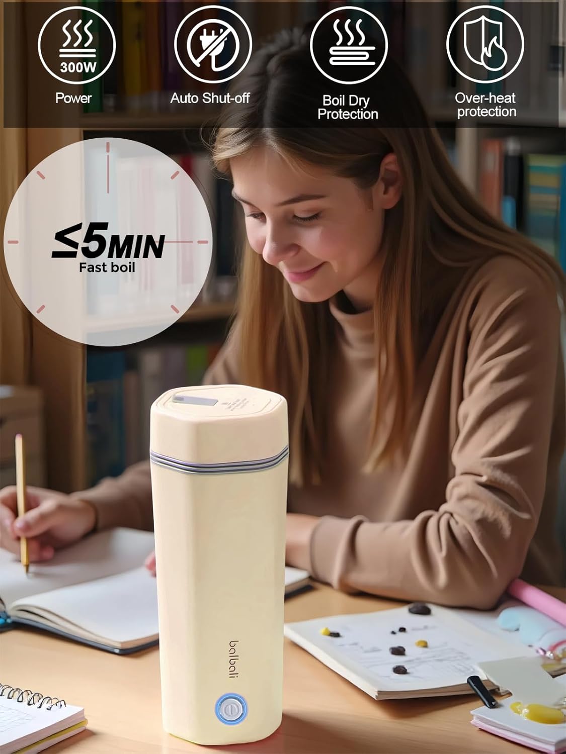 balbali Travel Kettle - 12oz Portable Electric Kettle for Boiling Water - Self Heating Cup/Thermos - Single Size Personal Tea Maker -Hot Water Boiler/Heater/Warmer - Yellow