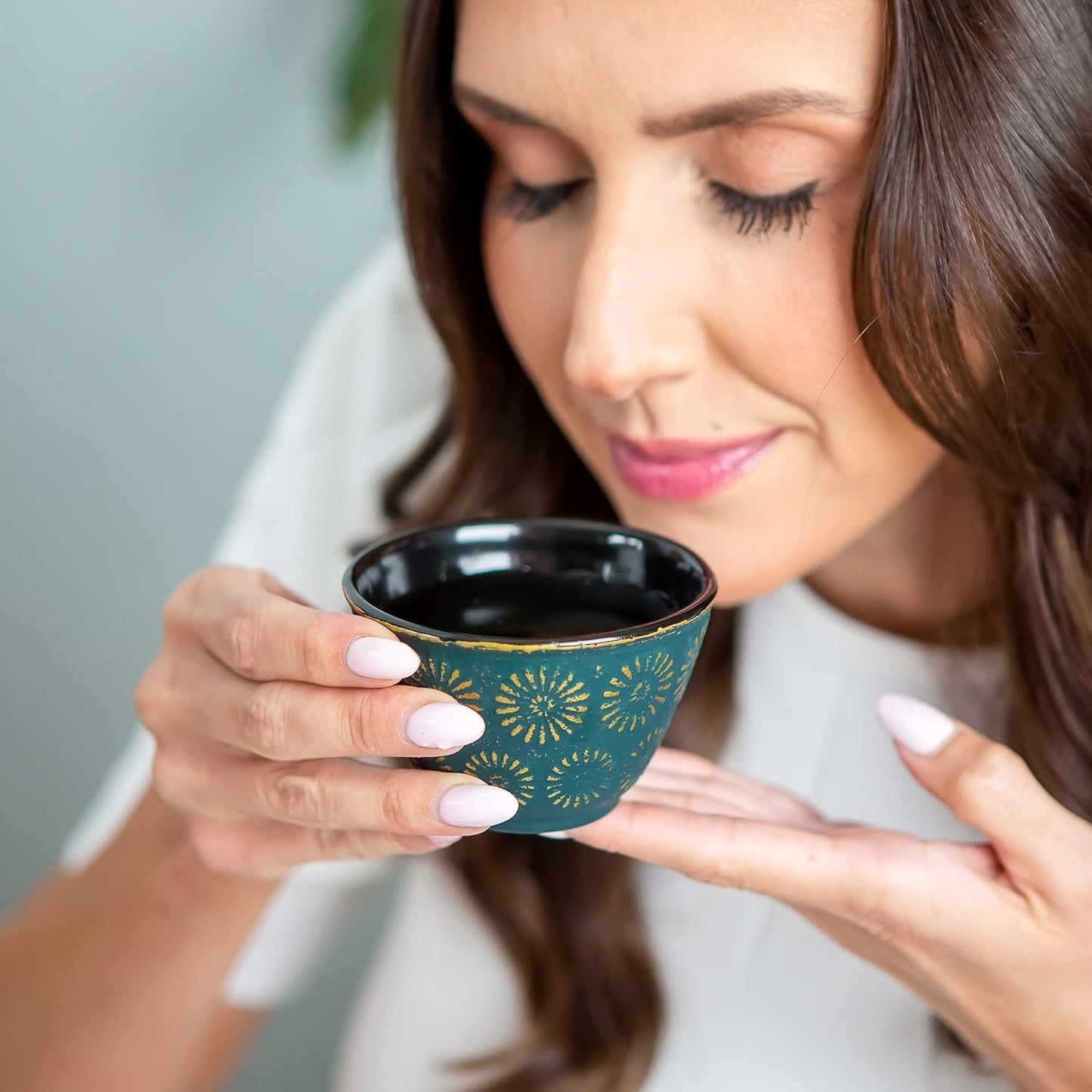 7PC Japanese Tea Set. "KIYOSHI Green" Cast Iron Tea Pot with 2 Tea Cups, 2 Saucers, Infuser and Teapot Trivet. Ceremonial Matcha Accessories