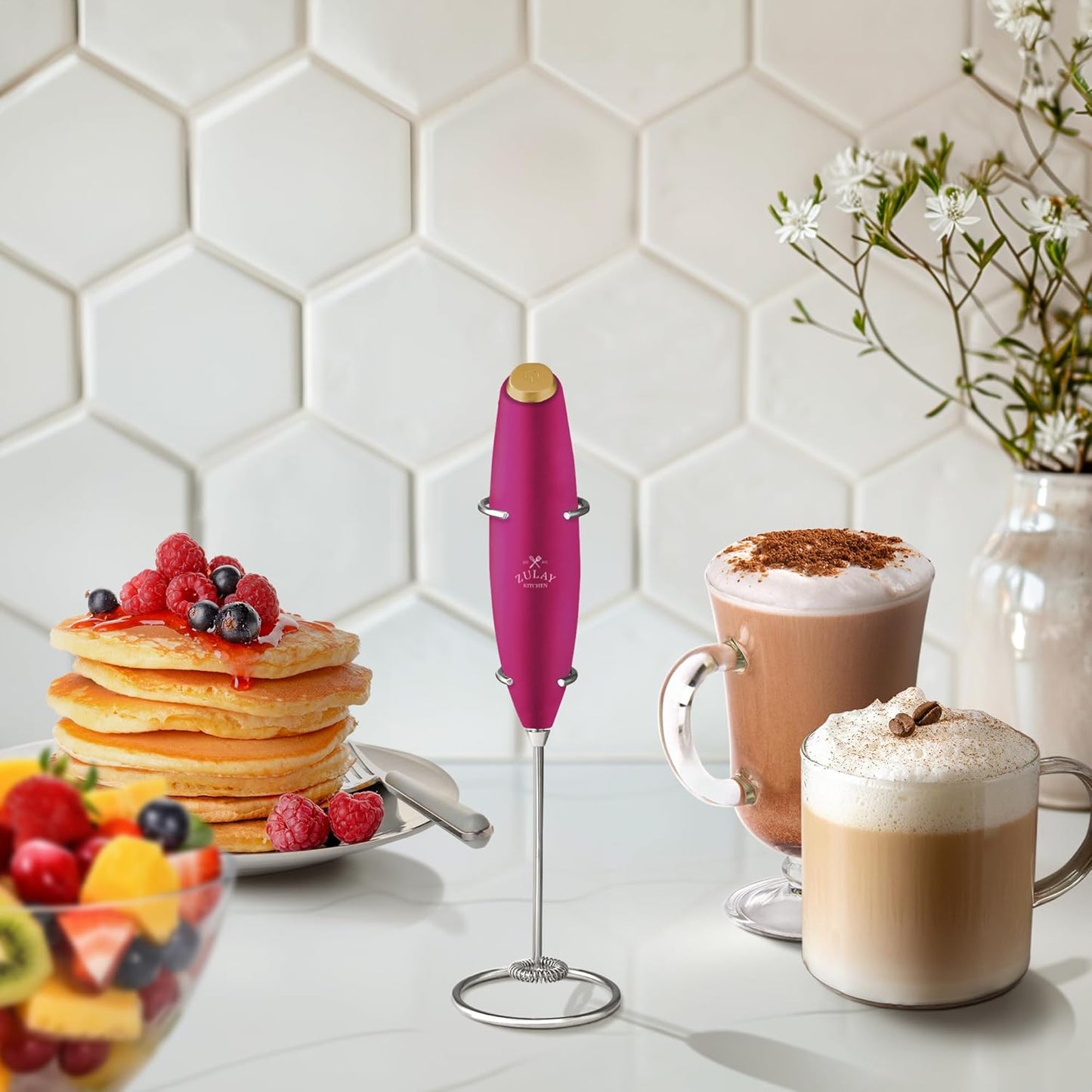 Zulay Kitchen Powerful Milk Frother Wand - Ultra Fast Handheld Drink Mixer - Electric Whisk Foam Maker for Coffee, Lattes, Cappuccino, Frappe, Matcha & Coffee Creamer - Hot Pink Gold