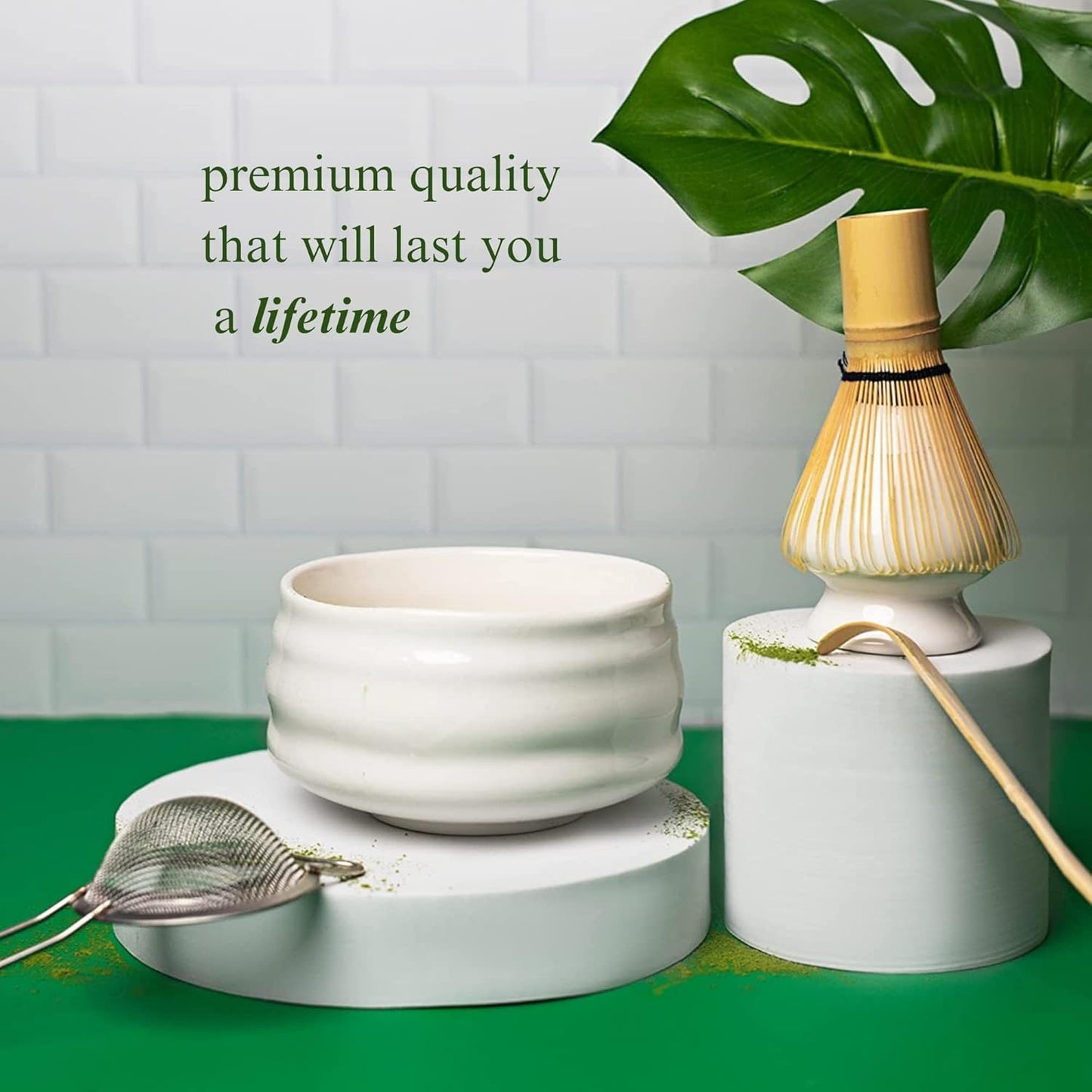 Marce Matcha Whisk Set- Matcha Set includes Matcha Bowl, Sifter, Holder and Scoop- The Perfect Bamboo Whisk for Matcha Tea (White)