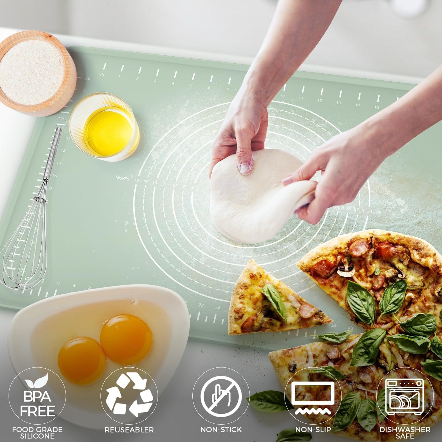 Silicone Baking Mat 28" x 20", Extra Thick Dough Rolling Mat with Measurements and Edge Heightening, Non-stick Food Grade Silicone Pastry Mat for for Pastry, Bread, Cookies, Pizza, Fondant, Pasta