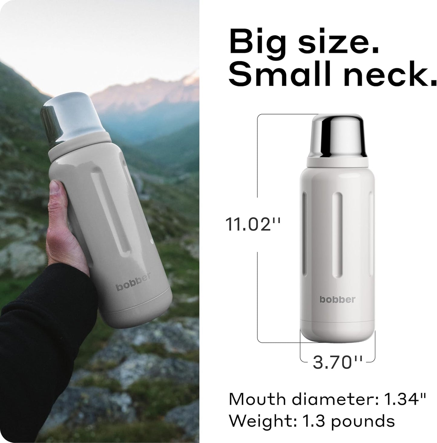 BOBBER 34 oz Stainless Steel Travel Thermos for Hot and Cold Drinks – Dishwasher Safe Metal Water Bottle with Cup Lid – Keeps Hot for 48 Hours – BPA-Free, Vacuum Insulated (Sand Grey)