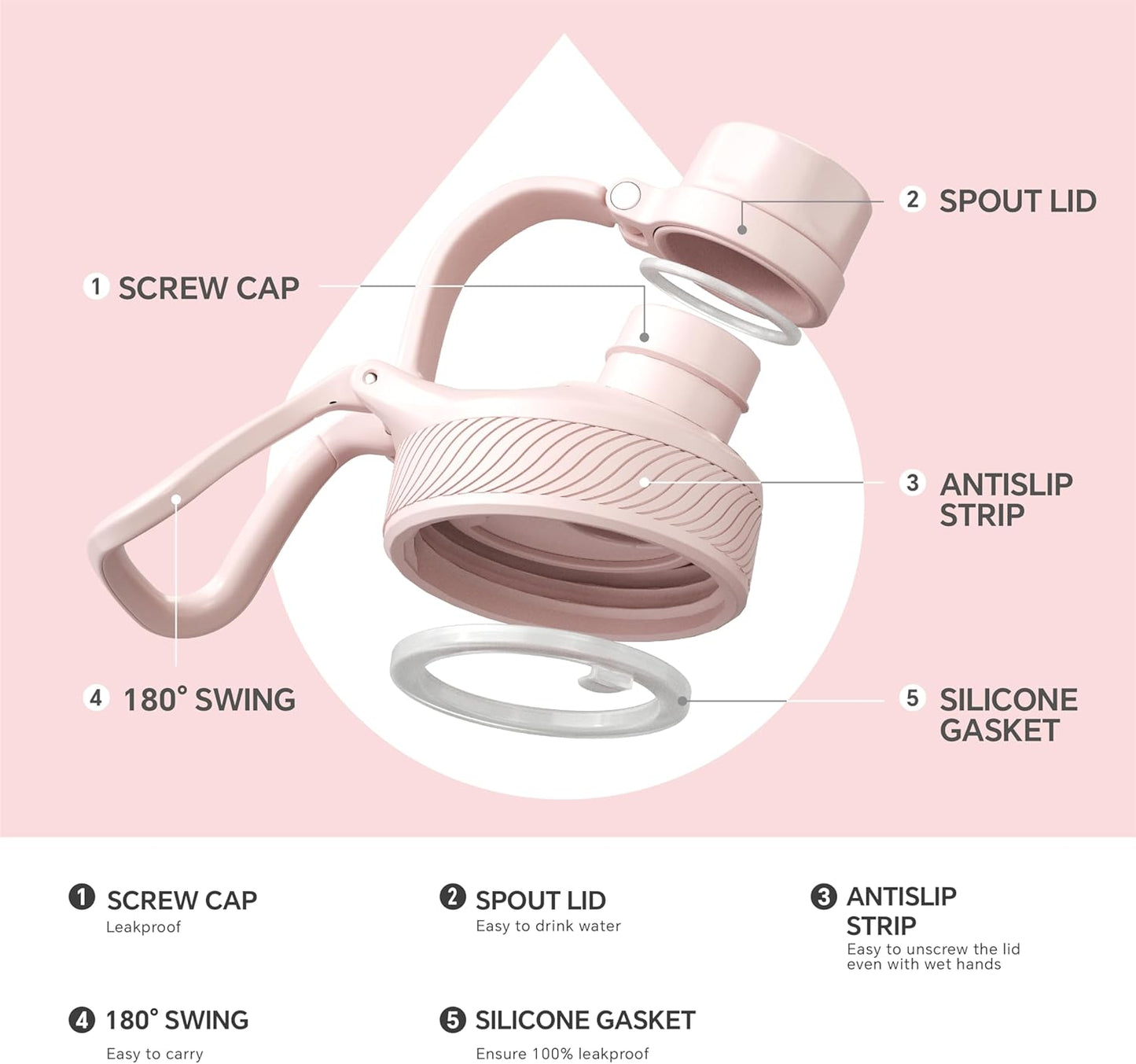 IDEUS Insulated Stainless Steel Water Bottle with 2 Leak-Proof Lids, Thermal Water Flask for Hiking Biking, 24oz, Light Pink