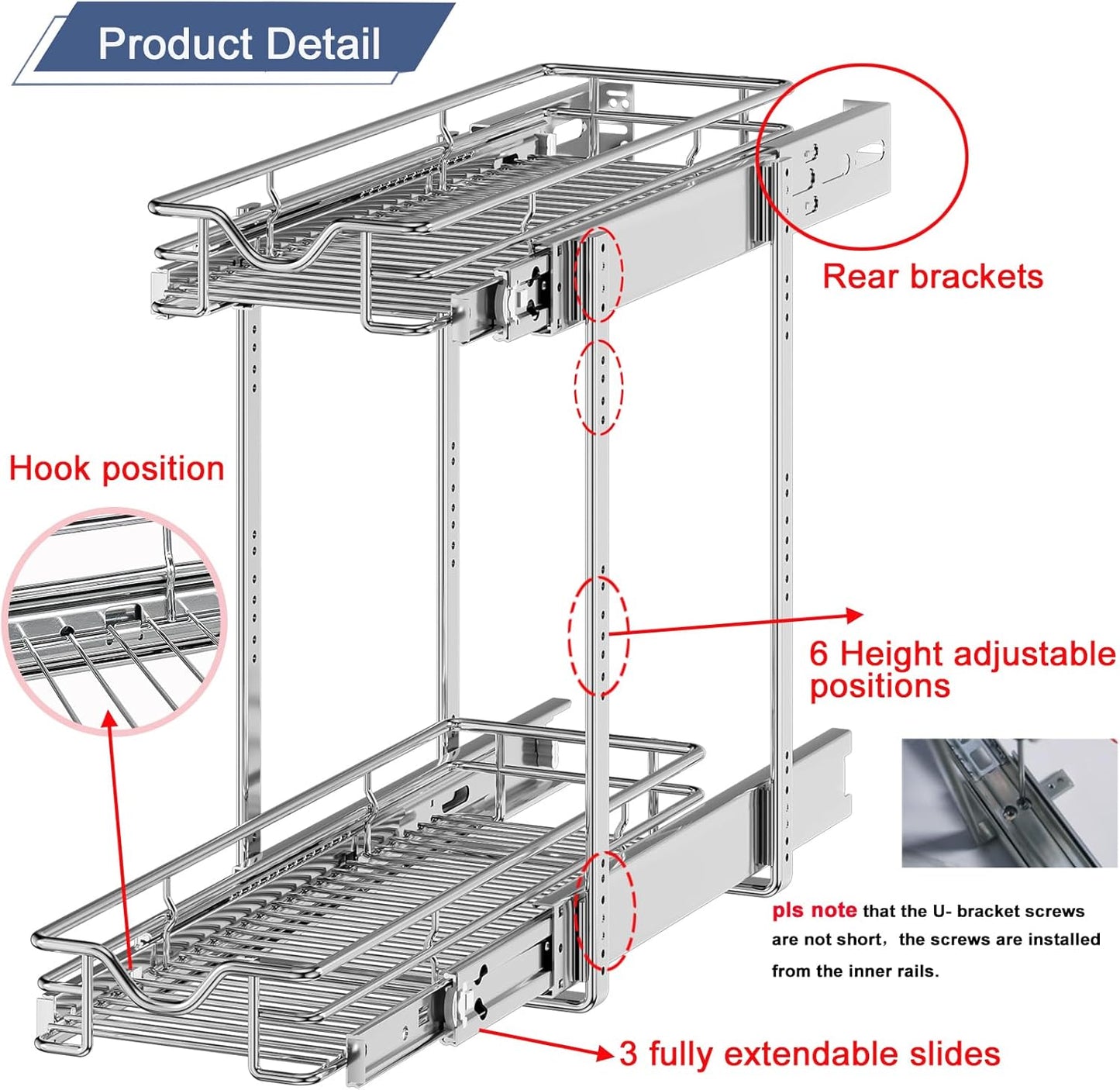 DINDON Pull Out Cabinet Organizer (7-1/2" W x 21-1/2"D), Cabinet Pull Out Shelves, 2 Tier Pull Out Drawers for Kitchen Cabinets, Wire Basket Slide Out Shelf for Cabinet Organization