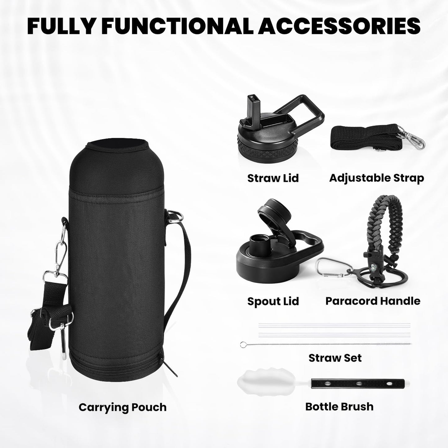 Insulated Water Bottle 40 oz, Triple Wall Vacuum Stainless Steel (Cold for 48 Hrs), Leak Proof & Non-BPA, Modern Water Flask Jug with Paracord Handle & Straw Spout Lids, Dark Grey