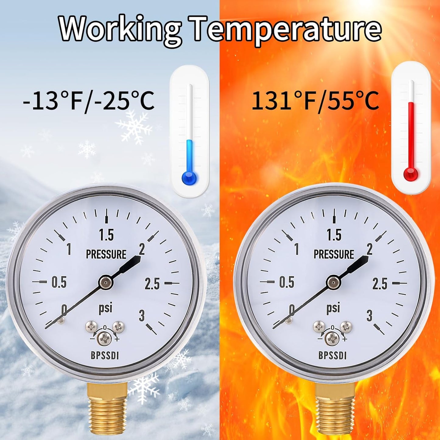0-3 Psi Low Pressure Gauge, Capsule Gauge with 304 Stainless Steel Case, 2.5" Dial Size, 1/4" NPT Lower Mount, Zero Adjustment, for Air Water Gas Pressure Test
