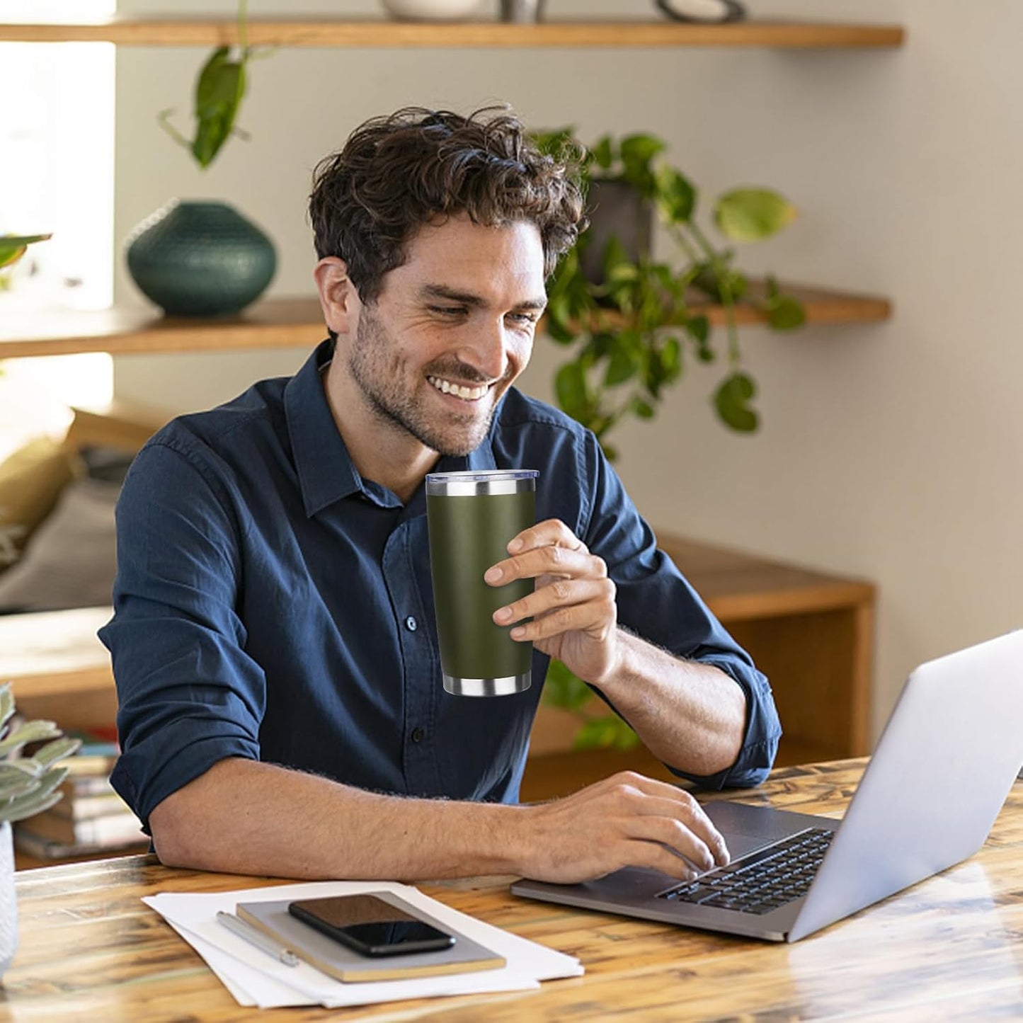 20oz Tumbler Bulk with Lid and Straw, Stainless Steel Double Wall Vacuum Insulated Travel Mug, Powder Coated Coffee Cups for Hot and Cold Drinks,Funny Gifts for Women Men(Navy Green,1)