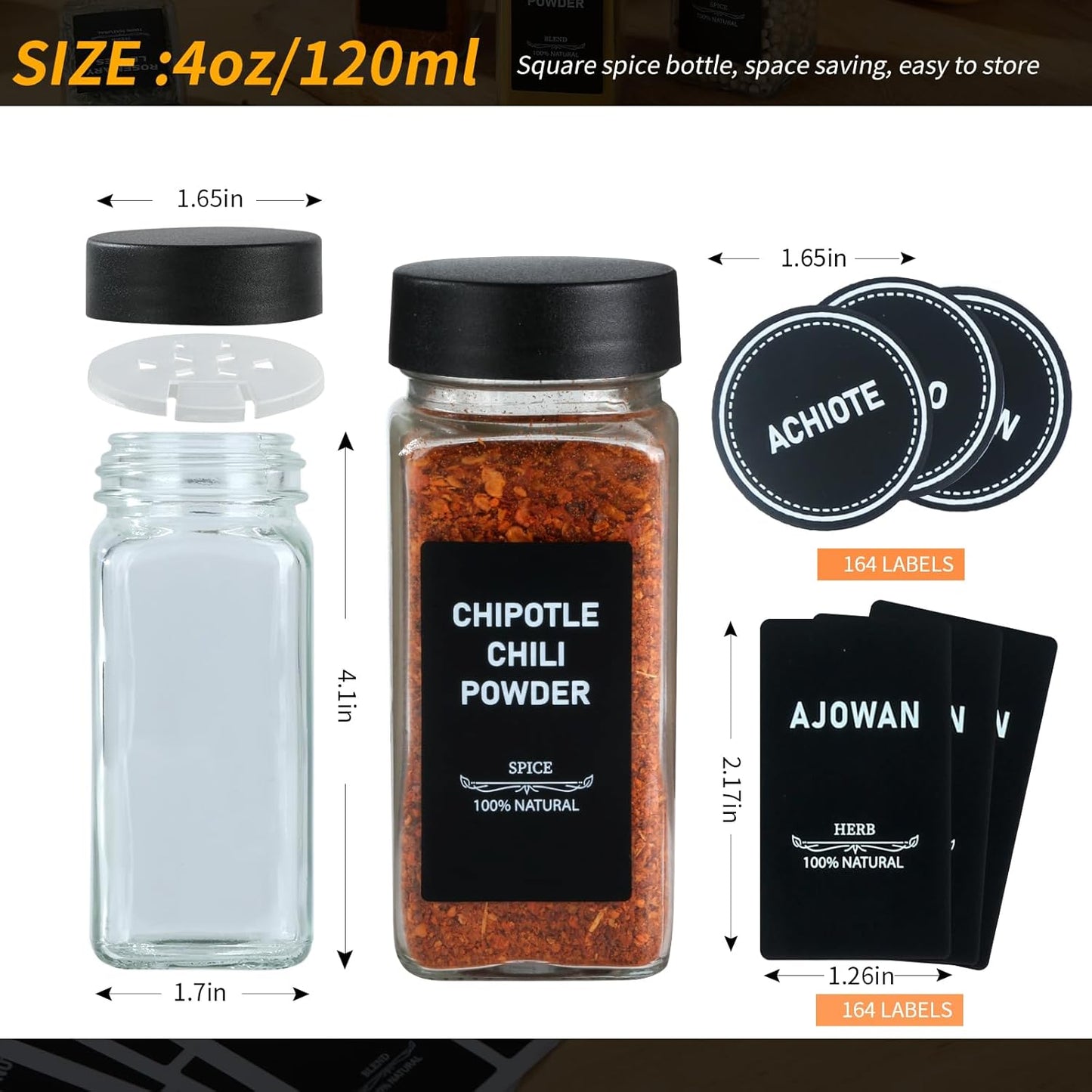 24Pcs Spice Jars Containers with Labels,4oz Black Seasoning Bottles with Shaker Lids for Rack, Cabinet, Drawer,Empty Square Condiment Pots (24, Black)