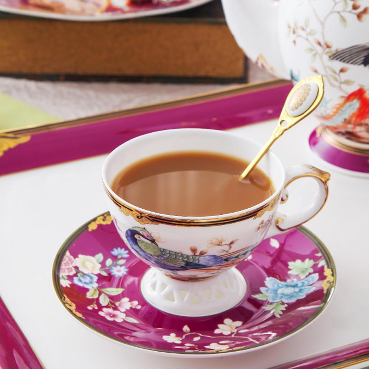 ACMLIFE Bone China Tea Cup and Saucer Set - Bone China Tea Coffee Cup and Saucer Set for 1 Luxury Fine China Tea Cup Set for One Blue Vintage Teacups and Saucers for Women Tea Party or Gift Giving