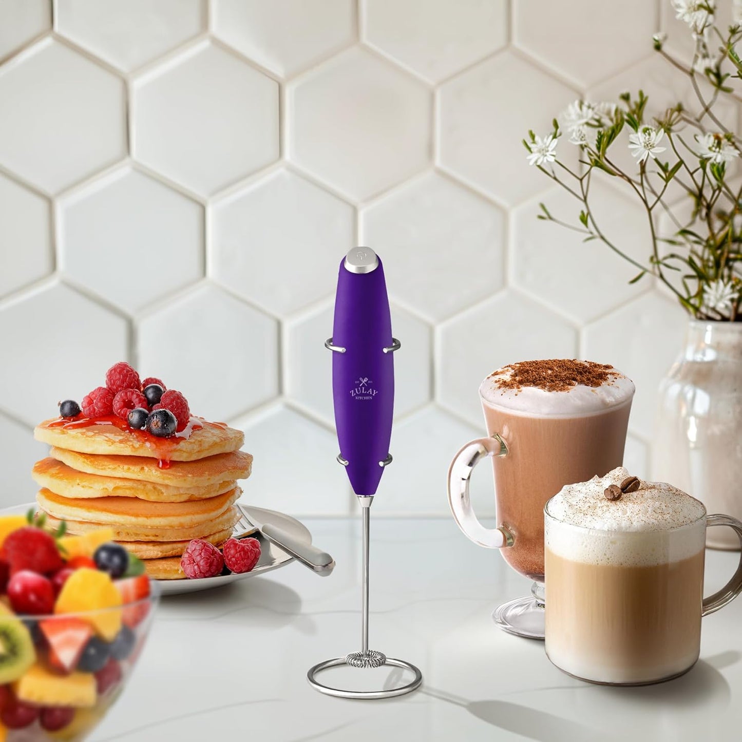 Zulay Kitchen Powerful Milk Frother Wand - Ultra Fast Handheld Drink Mixer - Electric Whisk Foam Maker for Coffee, Lattes, Cappuccino, Frappe, Matcha & Coffee Creamer - Milk Boss Deep Purple