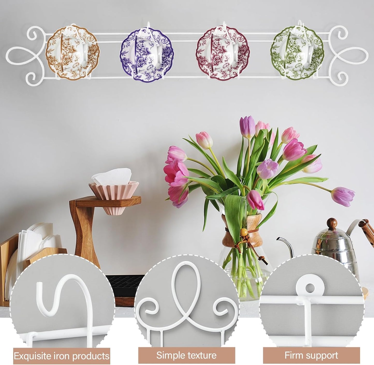 Blulu 2 Pcs 4-Tier Tea Cup & Saucer Display Stand - Horizontal Wall Mounted Organizer, Farmhouse White Brackets for Coffee Mugs/China Plates, Decorative Wall Plate Hangers, 45'' x 5.5''