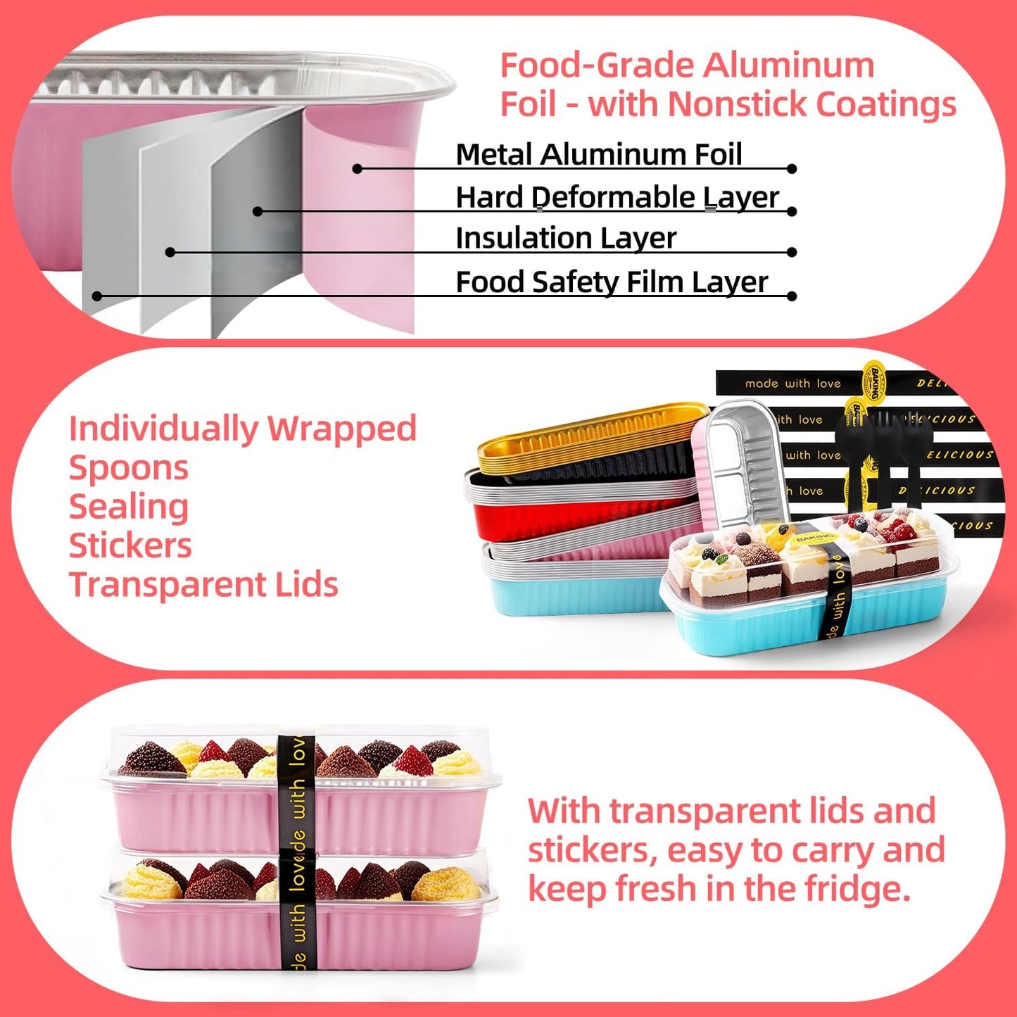Mini Loaf Pans with Lids and Spoons Sealing Sticker,120 Pcs 6.8oz Cake Pans for Baking Disposable Aluminum Foil Red cake pan (mixed)