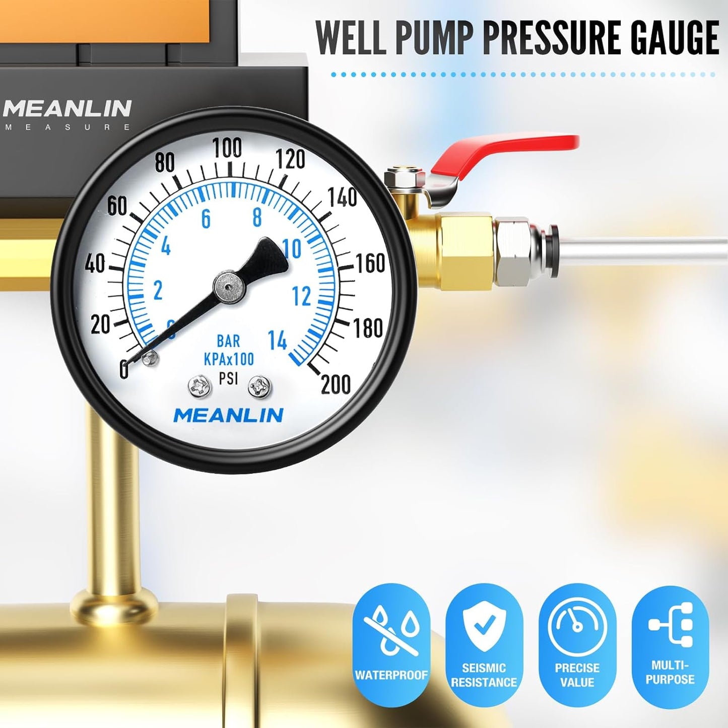 MEANLIN MEASURE 0-200Psi 2" DIAL FACE 1/4" NPT Well Pump Pressure Gauge, with 1/2" NPT and 3/8" NPT Hex Bushing, 3-2-3% Accuracy, Center Back Mount