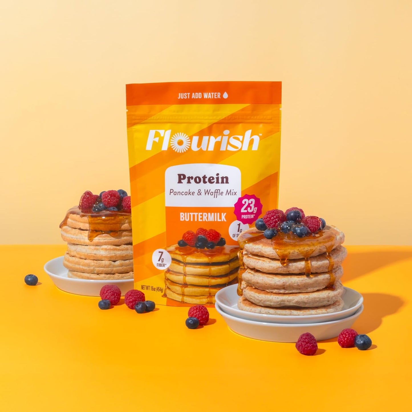 Flourish Protein Pancake & Waffle Mix, with Whey Protein & Flax Seed, No Added Sugar, High in Protein & Fiber - Just Add Water - Buttermilk Flavour, 430 g (2 Pack) - Made in Canada