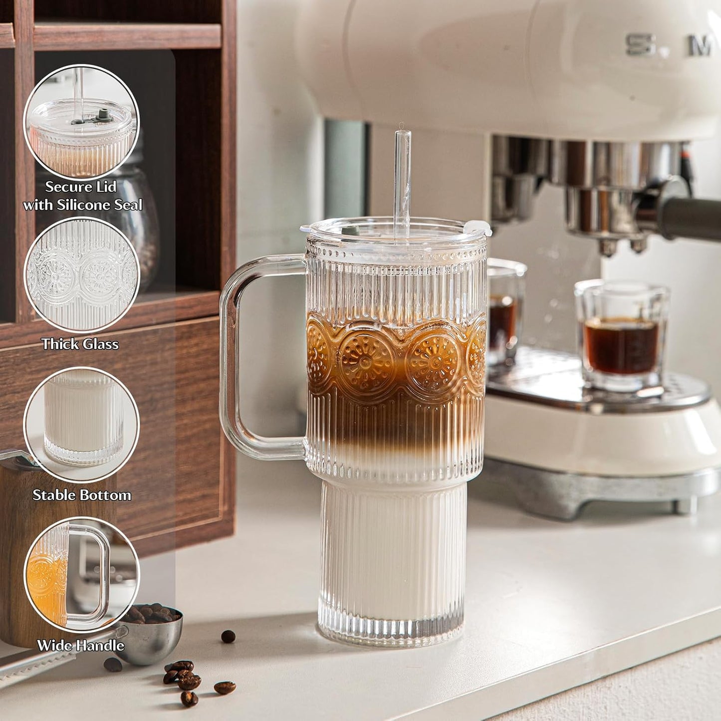 INSETLAN 26oz Ribbed & Floral Glass Tumblers with Handle and Lid, Set of 2 –Reusable Iced Coffee Cups with Straw, Glass Mugs for Water, Smoothies, Tea, and Juice – Ideal for Travel & Daily Use