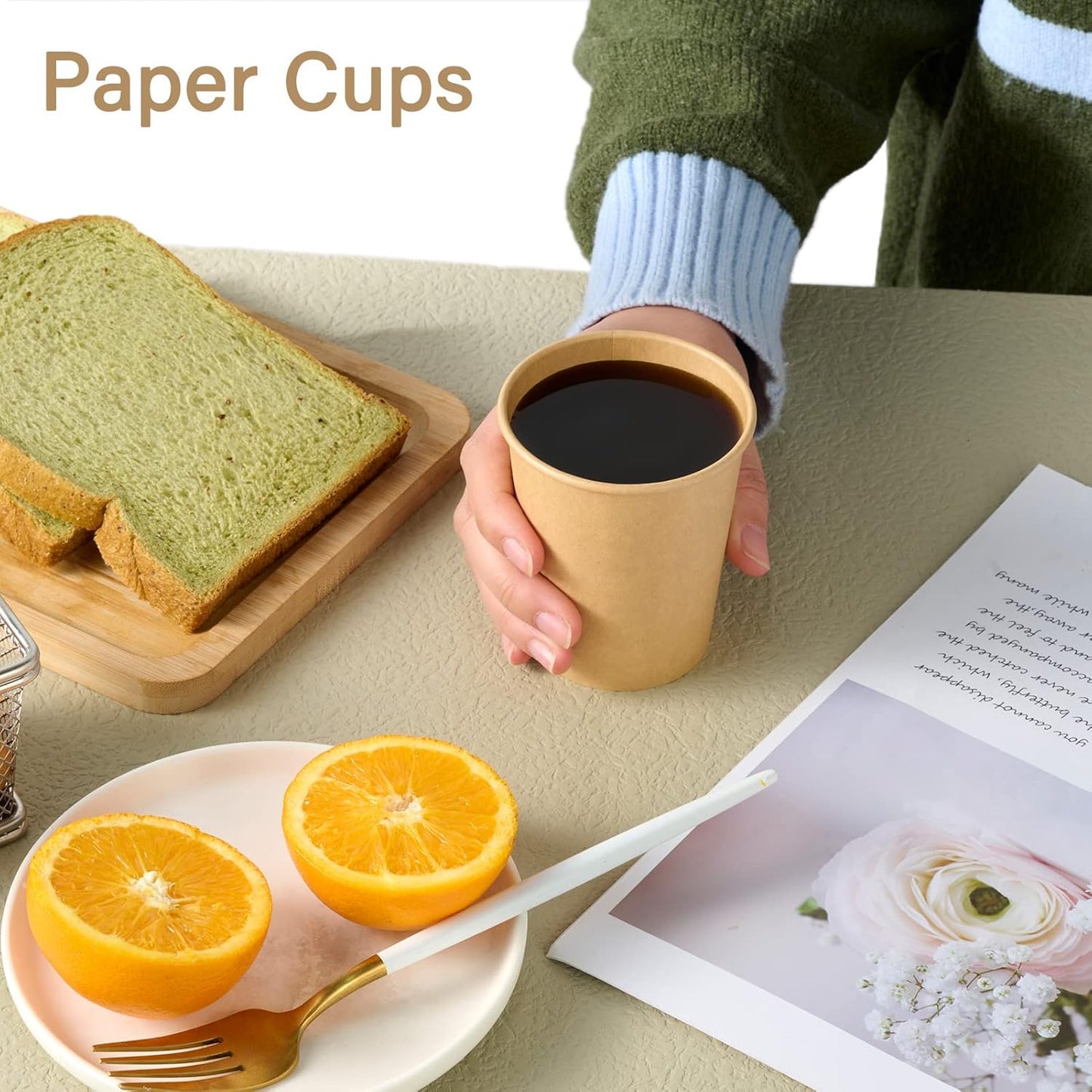 LITOPAK 100 Pack 8 oz Kraft Paper Coffee Cups for Water, Juice, and Tea, Disposable Hot Coffee Cups for Home, Restaurant, Store, and Cafe