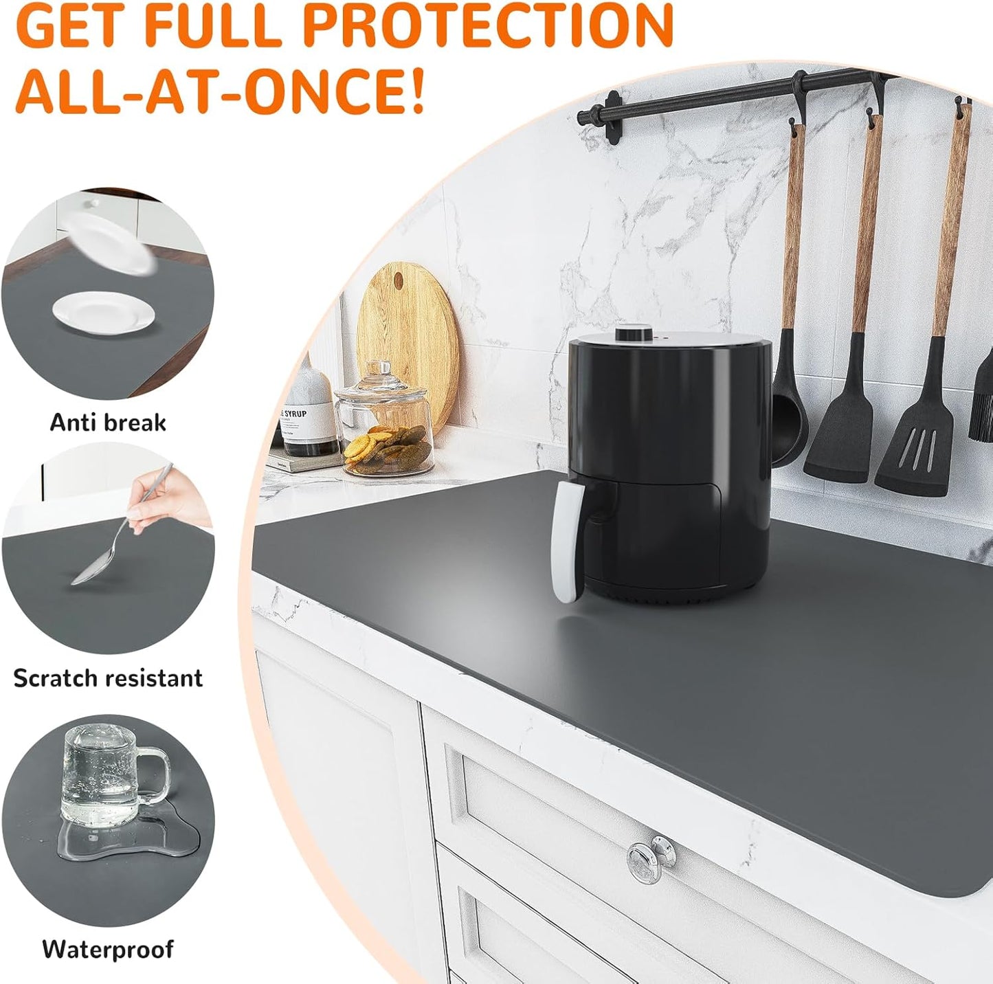 Warome Silicone Mat, 47"x 23" Silicone Mats for Kitchen Counter, Nonslip Heat Resistant Mat, Extra Large Kitchen Counter Mat, Countertop Protector for Craft, No Creases-Gray