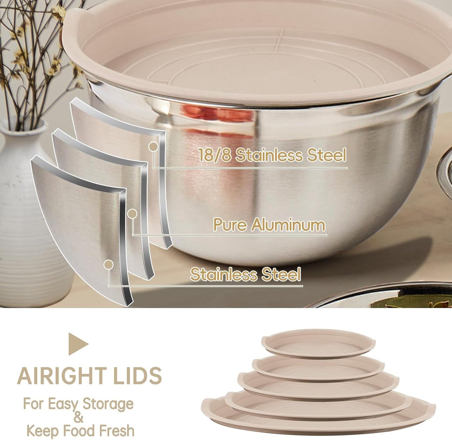 Mixing Bowls Set, 27PCS Khaki Mixing Bowls With Lids Set Stainless Steel Kitchen Large Nesting Metal Bowl 7QT to 1.5QT, Measuring Cups and Spoons for Prepping Cooking Serving