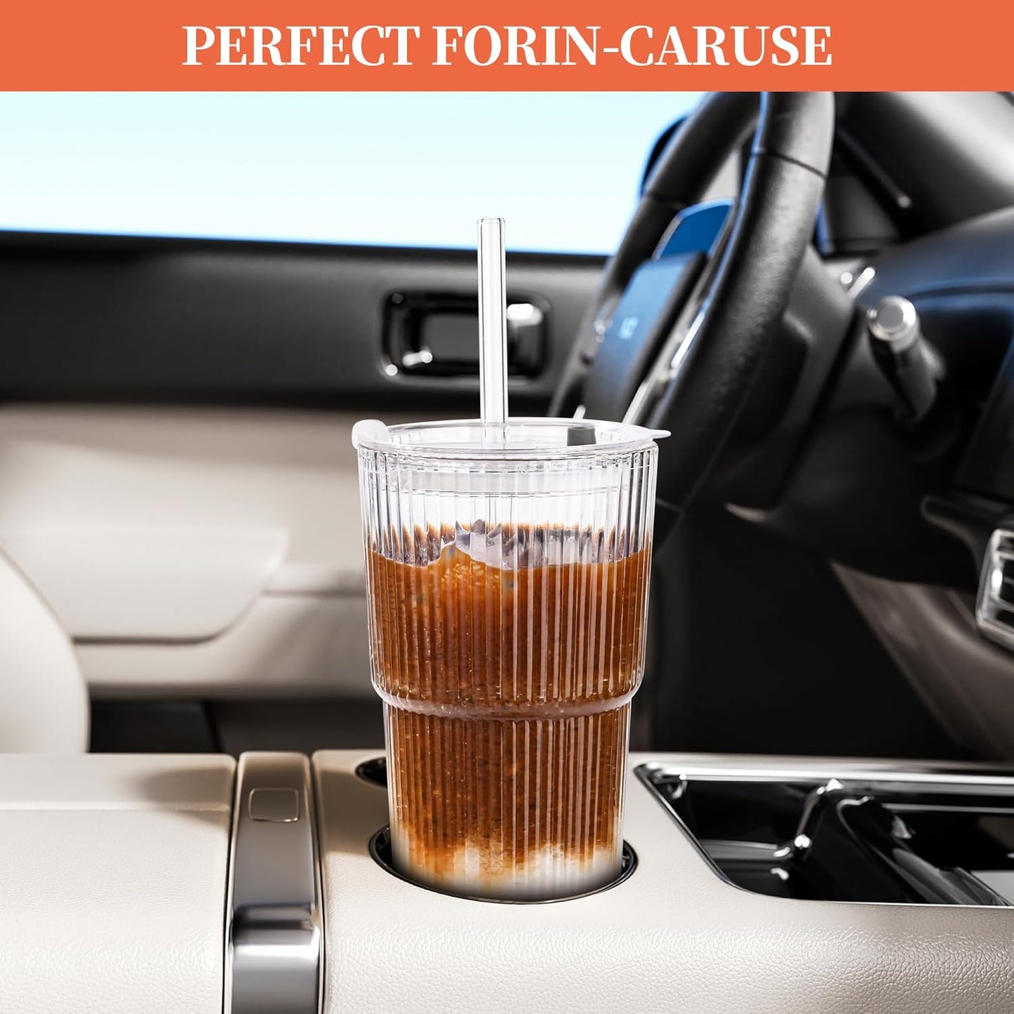 20 oz Tumblers with Lids and Straws, Ribbed Glass Set of 4-Clear Ice Coffee Cups Ideal for Smoothies, Juice, Boba & Cold Beverages, Durable reusable Glassware,Drinking Glasses with 1 Brush