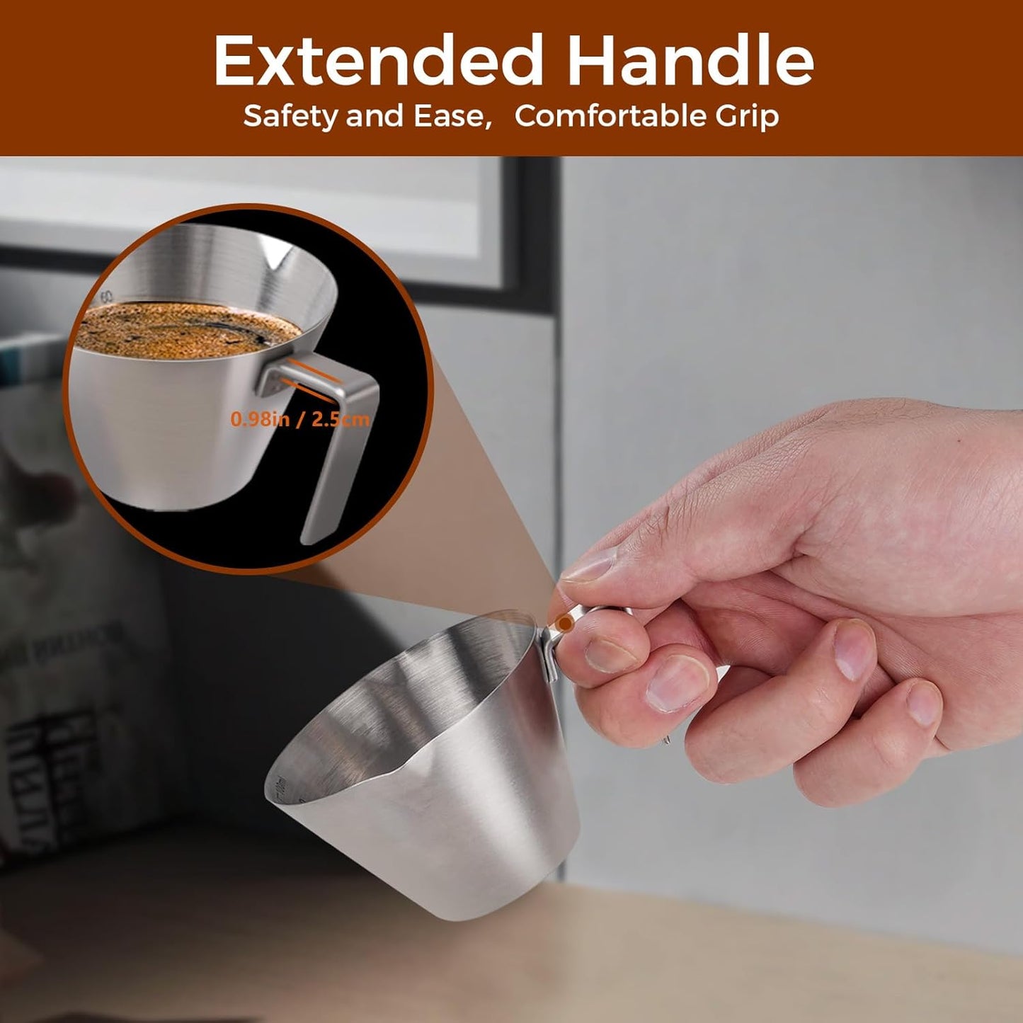 4Pcs Stainless Steel Espresso Cups, Double Spout Metal Espresso Measuring Cup with Handle, Dual Scale Espresso Shot Cup with V-Shaped Mouth, 3.4oz/100ml (Silver)