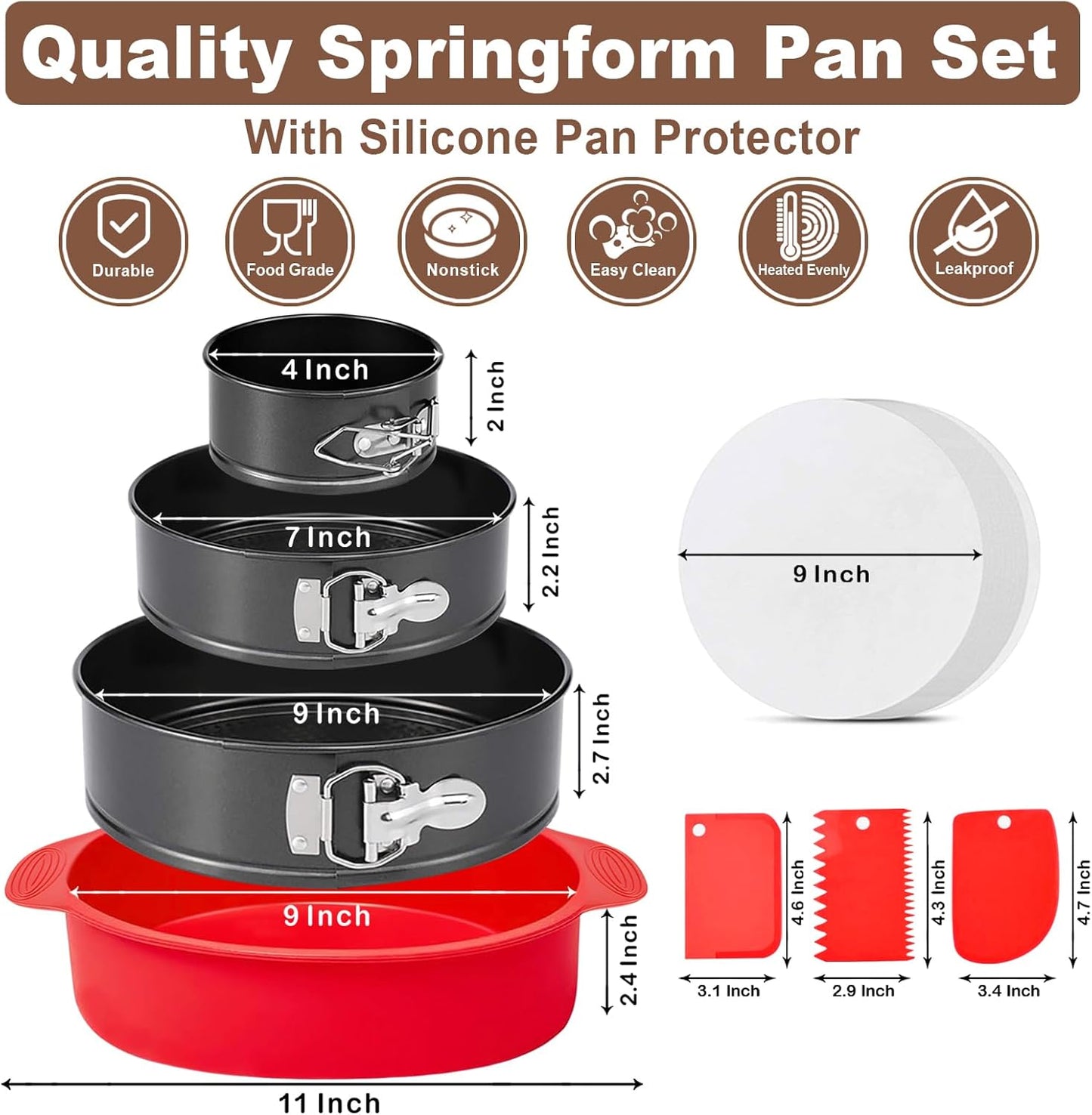 4 7 9 Inch Springform Pan Set of 3, Leakproof Cheesecake Pan with Protector, Nonstick Spring Form Pans for Cheesecake, Round Cake Pans Sets for Baking with Removable Bottom and 50Pcs Parchment Paper