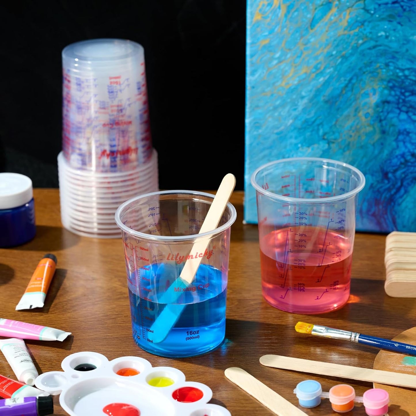 16 oz Plastic Mixing Cups, 50 Pack 16 oz (500ml) Disposable Measuring Cups with 50 Wooden Mixing Sticks, Can Be Used for Epoxy Resin, Liquid Measuring, Paint, Cooking and Baking