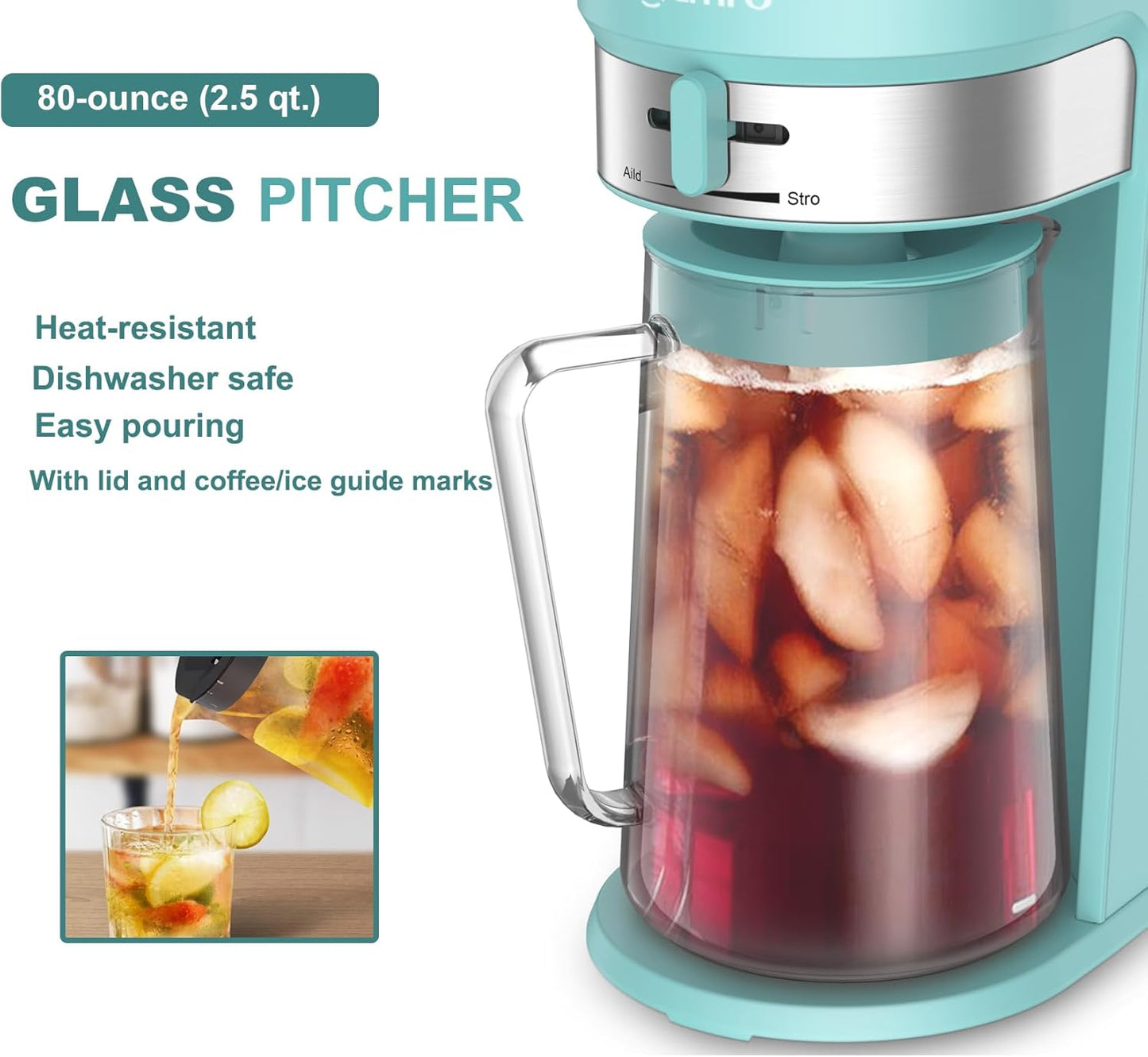 LITIFO Iced Tea Maker and Iced Coffee Maker Brewing System with 2.5-quart Pitcher, sliding strength selector for Taste Customization, Stainless Steel (Green)