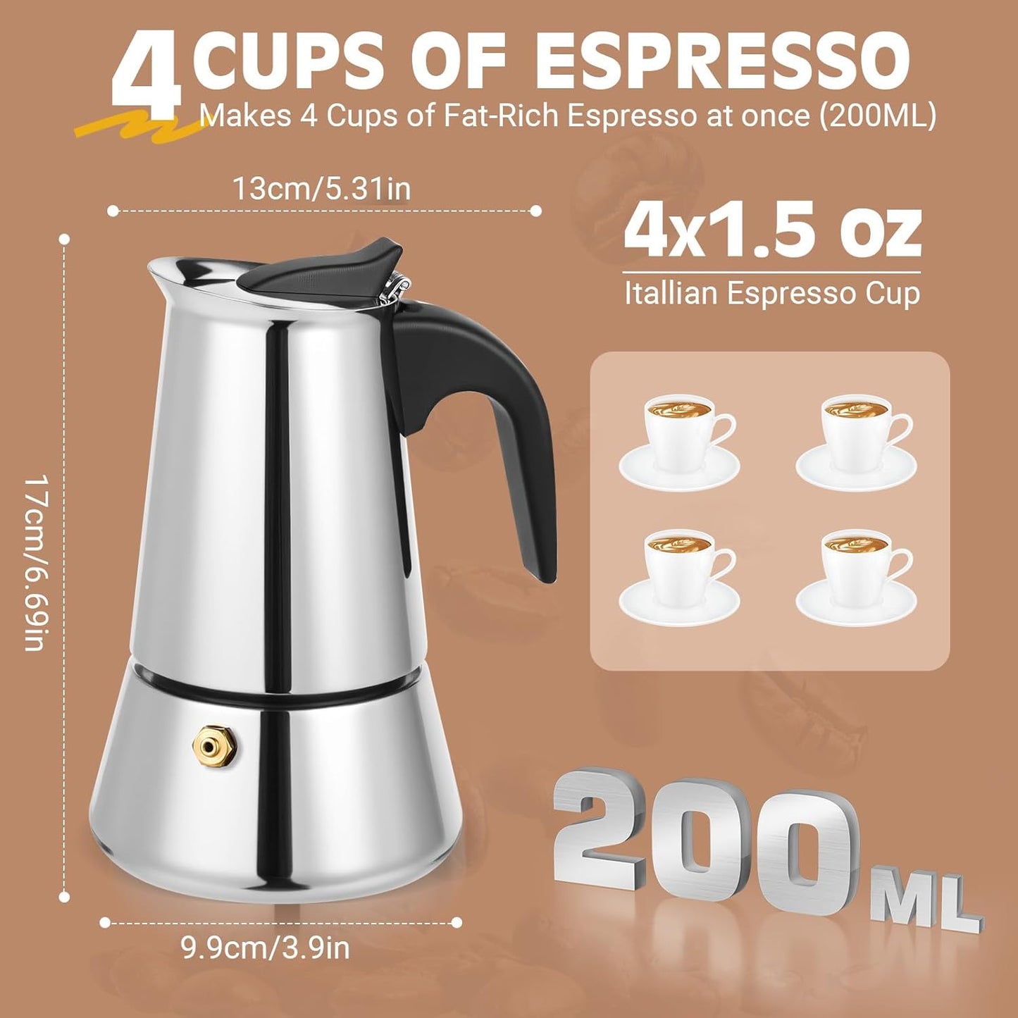 Moka Pot, 4 Cups (7.1 oz) Stovetop Espresso Maker, 304 Stainless Steel Moka Pot, Induction Compatible, Silver