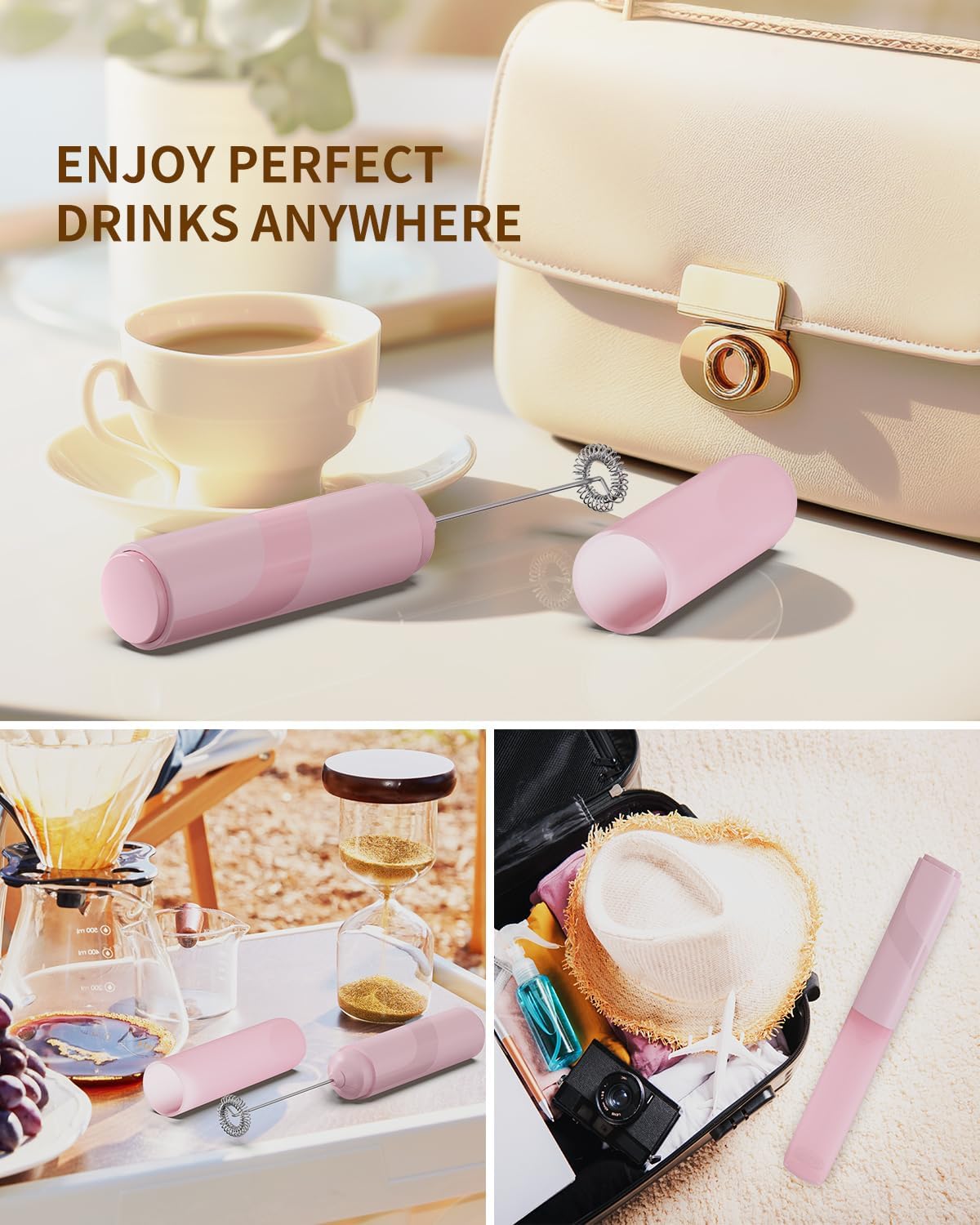 CIRCLE JOY Portable Milk Frother Hanheld, Battery Operated Electric Coffee Frother Wand Drink Mixer for Matcha Lattes Cappuccino, Kitchen Gifts, Pink