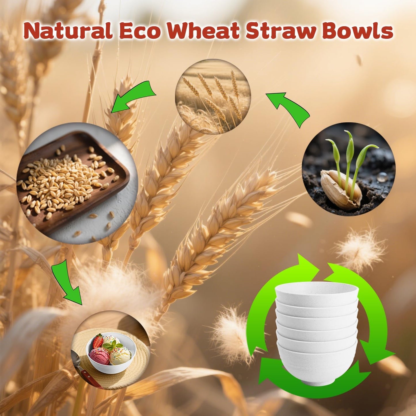 Handy Wheat Straw Bowls Set of 6,Unbreakable Ice-Cream Bowls Sets for Kids,10oz Small Dessert Bowls for Kitchen,Camping and RV.White Series