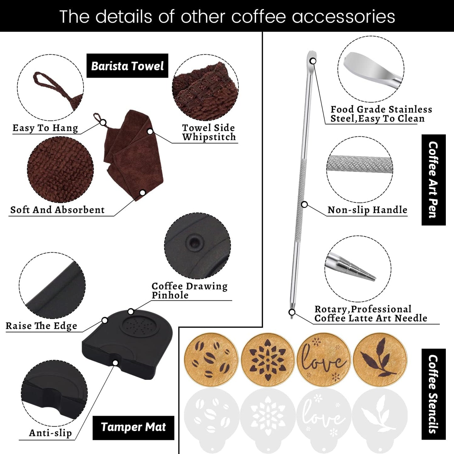 51mm Coffee Tamper Set Barista Kit for Portafilter Machine Wooden Espresso Tamper with Tamper Mat, Frothing Pitcher (350 ml/11.836 oz), Barista Towel, Latte Art Pen and Decorative Stencils